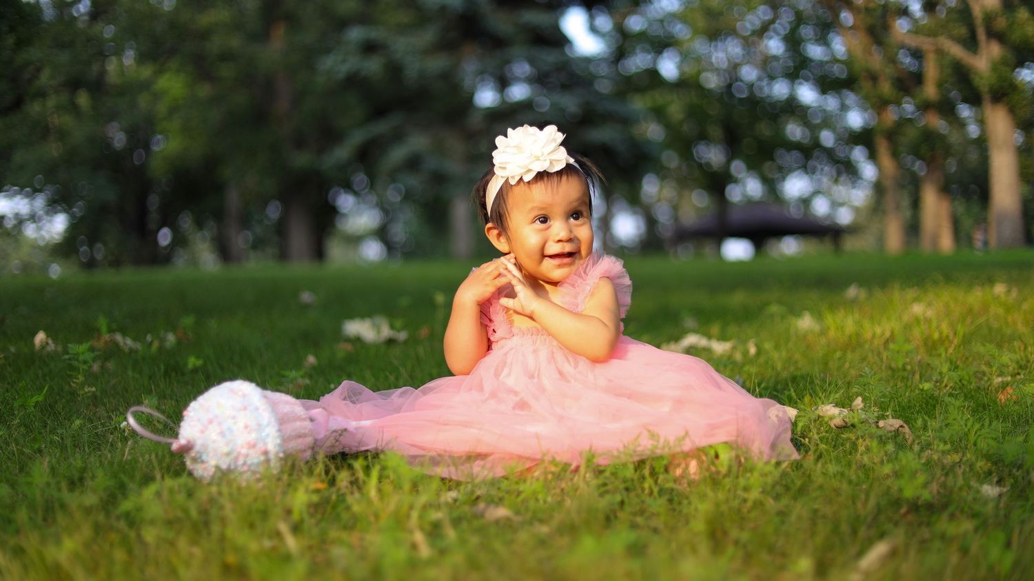 Toddler girl in pink dress lying on grass and smiling during Minneapolis portrait session