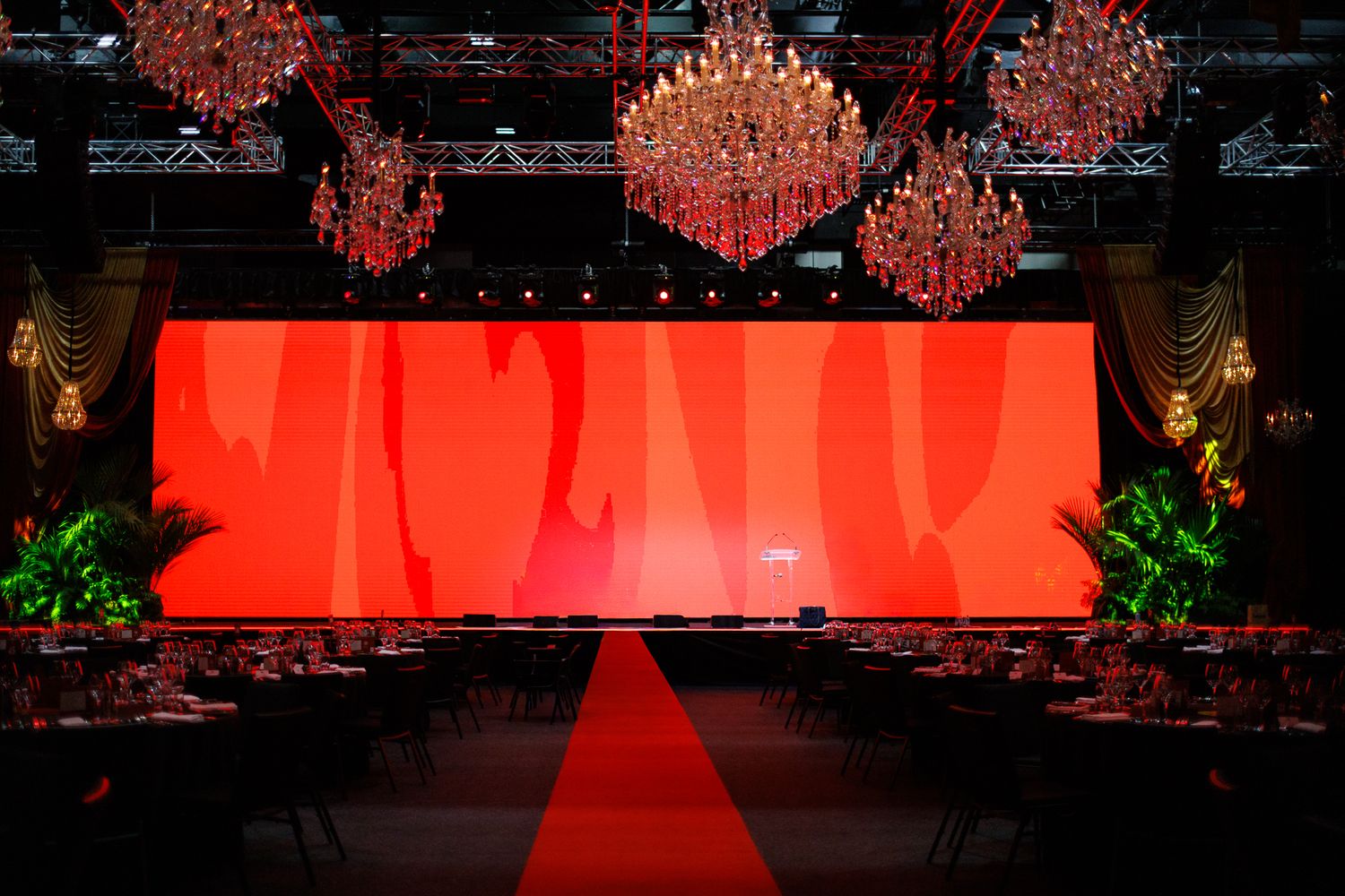 Interior wide shot of a set up of an event taken hosted by Cut The Mustard  at NZICC taken by DFU Photos