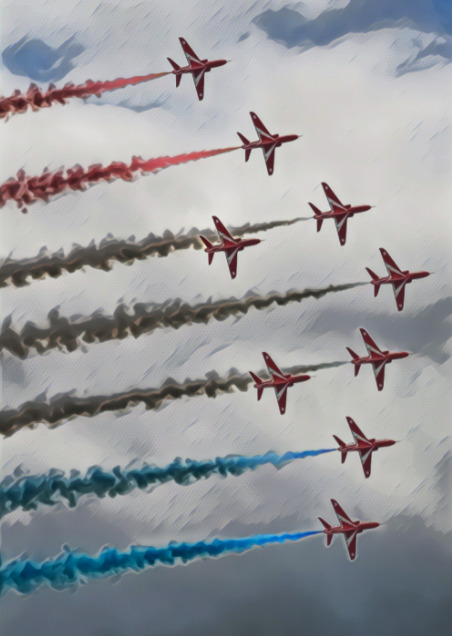Red Arrows RAF display team flying in formation at a UK air show, leaving red, white, and blue smoke trails against dramatic clouds.