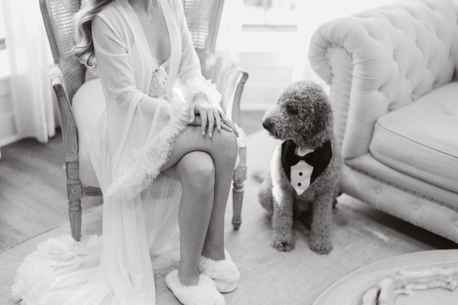 Richmond Photographer captures bride and her golden doodle getting ready together the morning of her wedding featuring his dog tuxedo