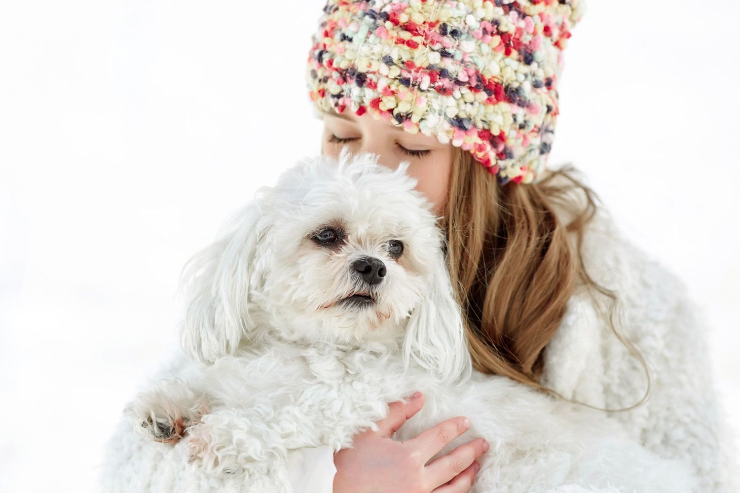 Girl in colorful knit hat cuddling white fluffy Maltese dog in snowy winter setting.