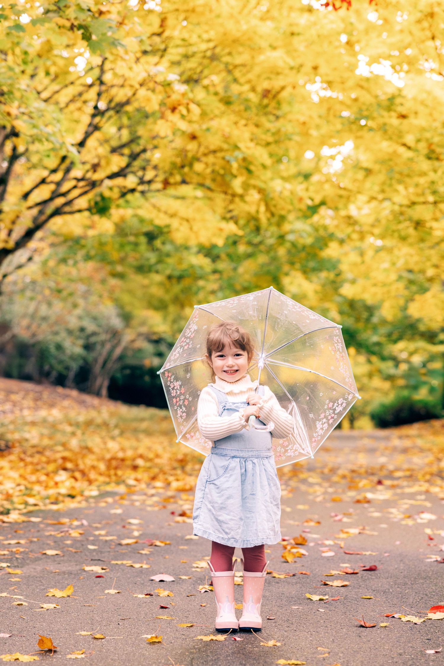 A portrait of a girl in Seattle standing among fallen autumn leaves on a path surrounded by golden trees.