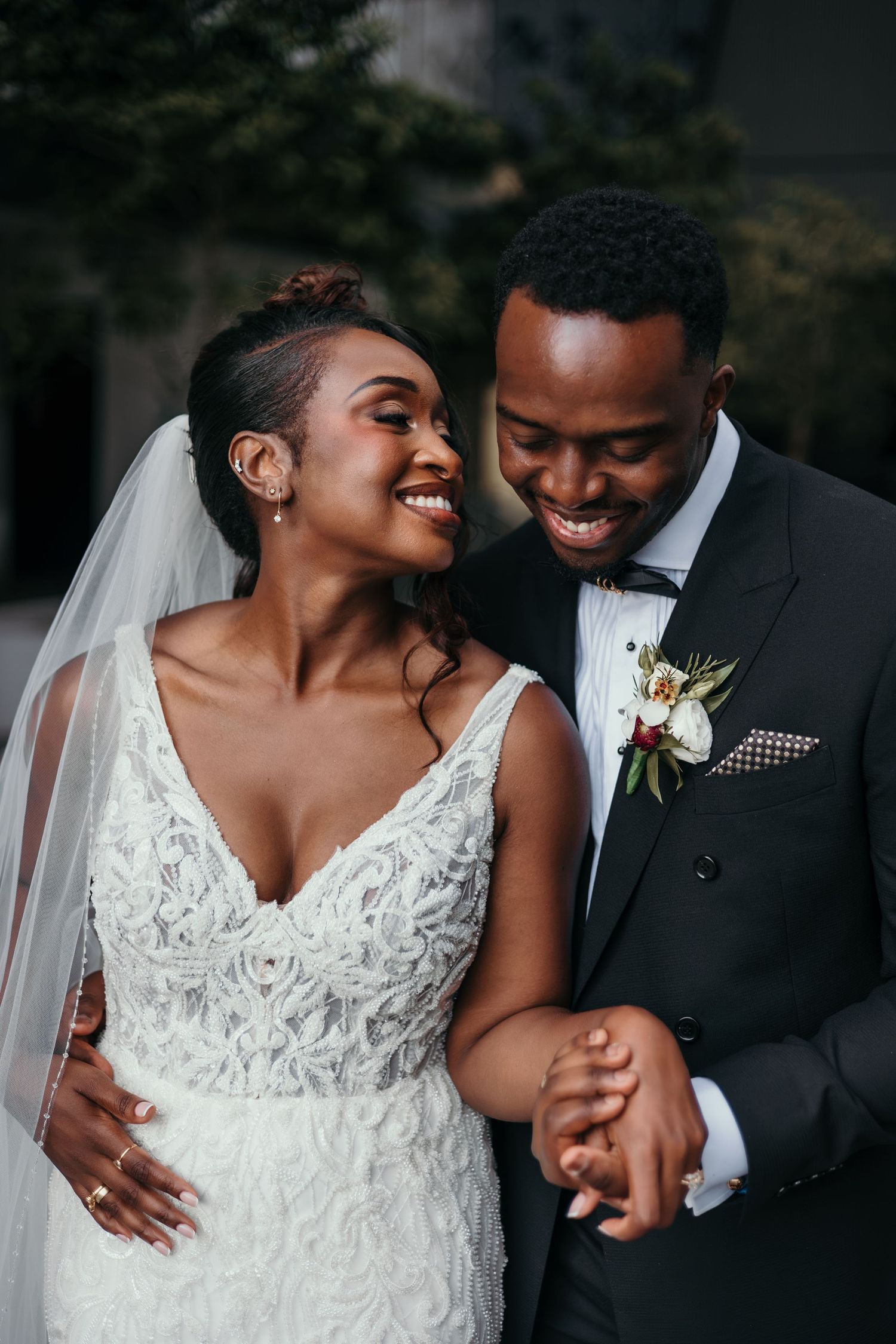 A romantic series of wedding photos showing a joyful couple sharing intimate moments and laughter together.