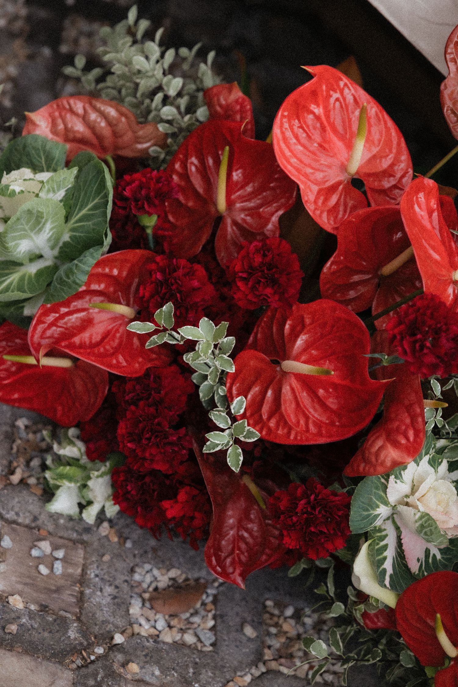 Vibrant red anthurium flowers and dark red carnations arranged in a lush bouquet with green foliage.