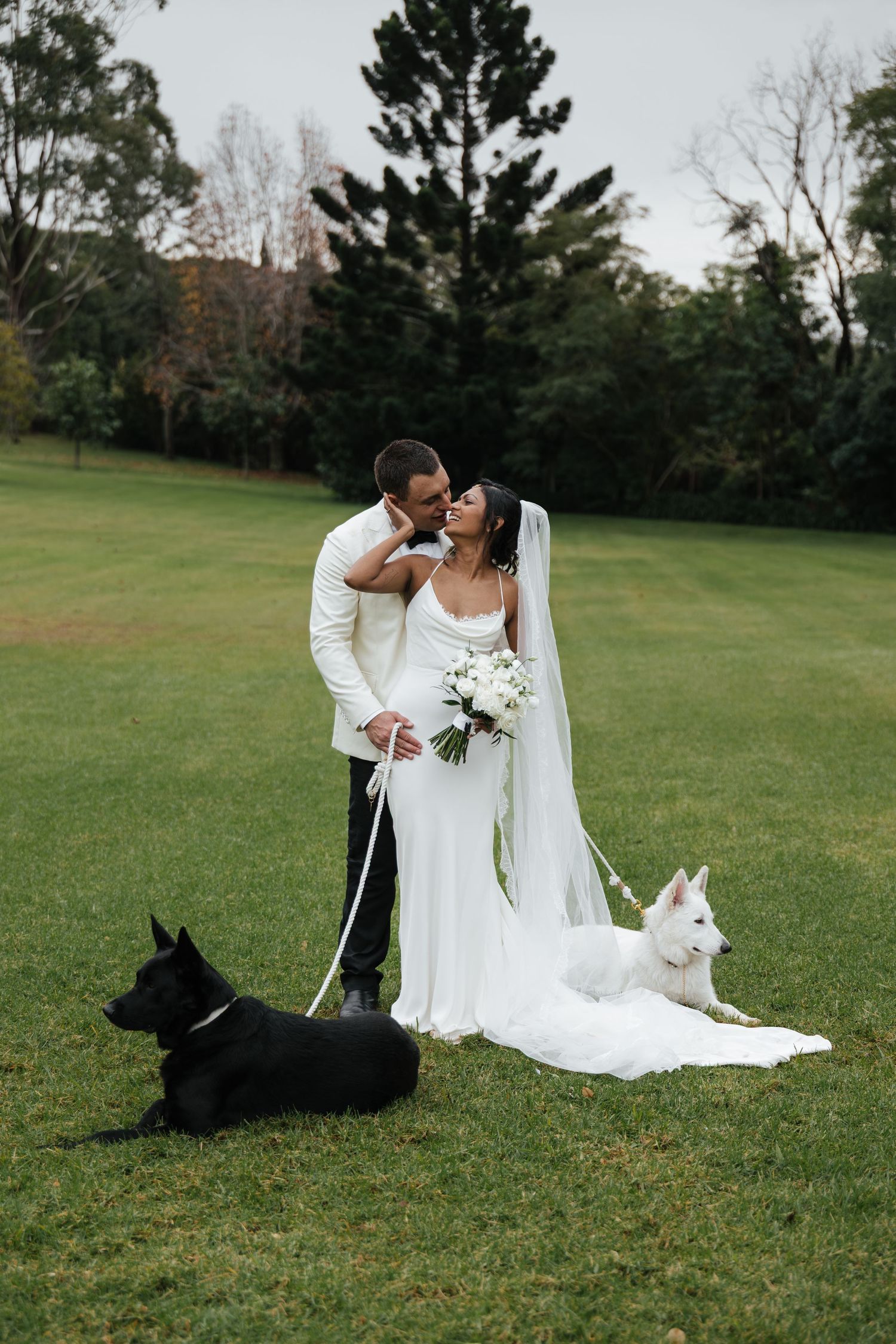 Bride and groom share a romantic moment on green lawn with black and white dogs on leashes, trees in background.
