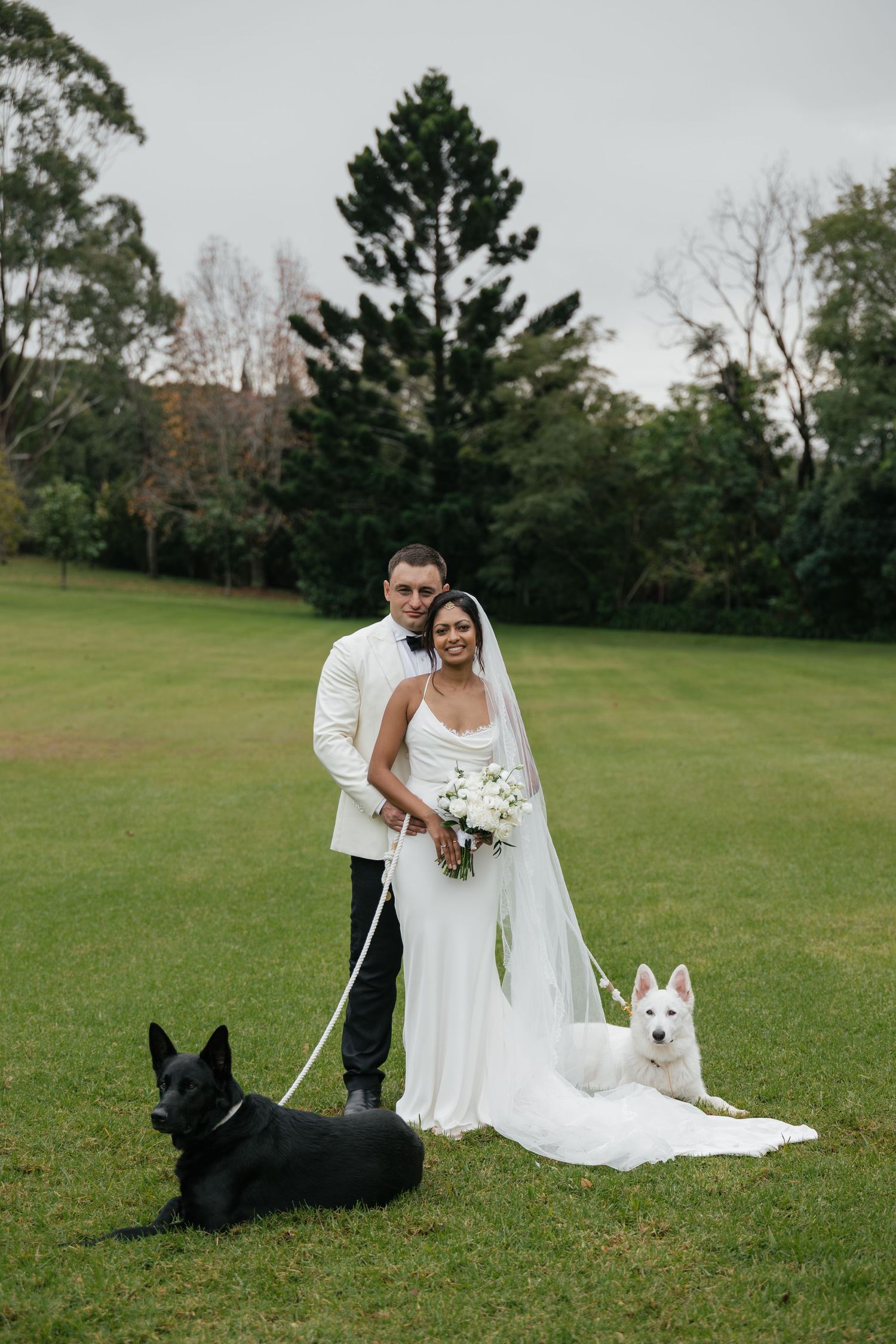 Bride and groom in white attire pose with two dogs on green lawn, surrounded by lush trees on their wedding day.