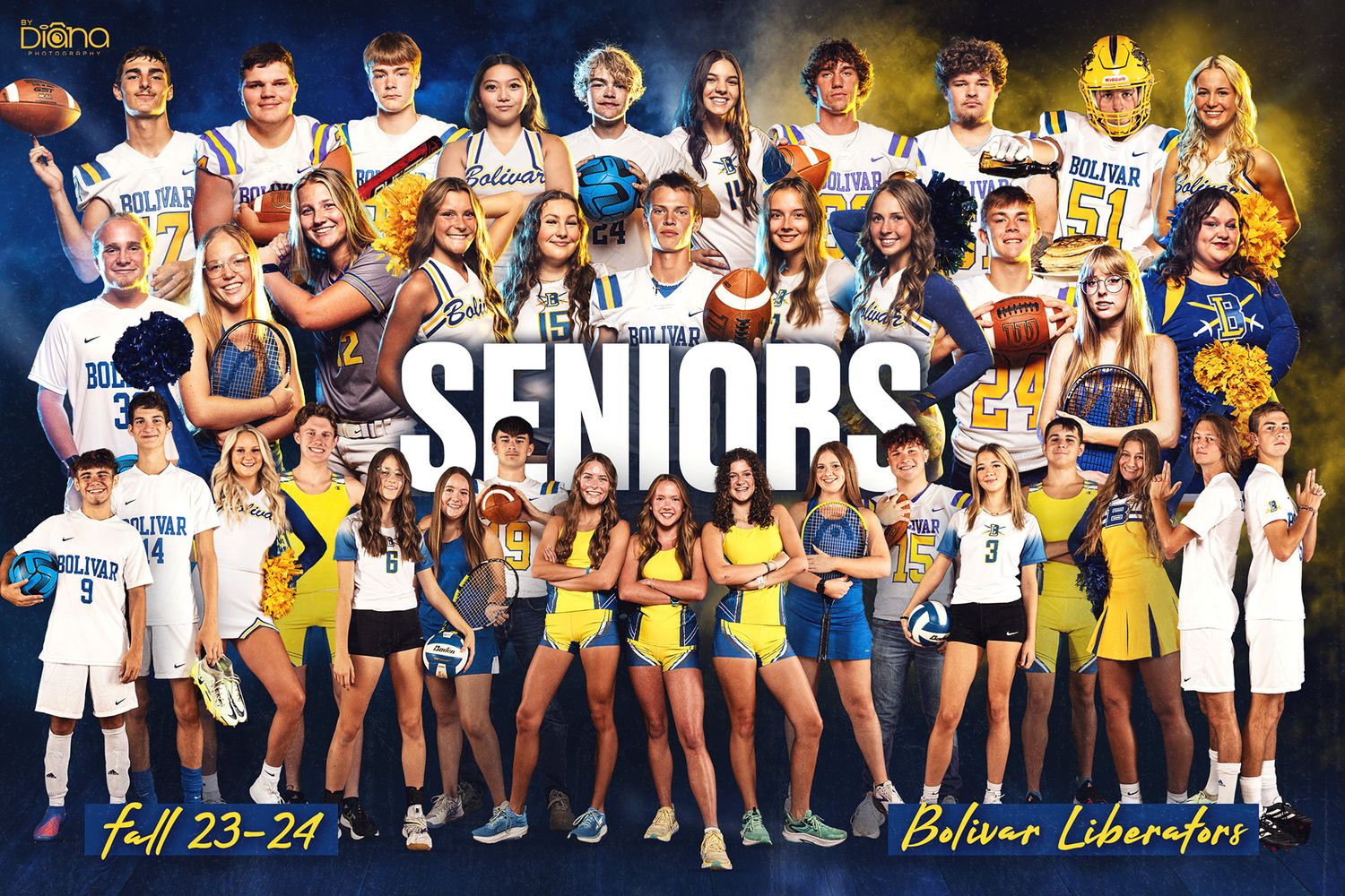 College sports team banner featuring athletes in white and yellow uniforms posing together.