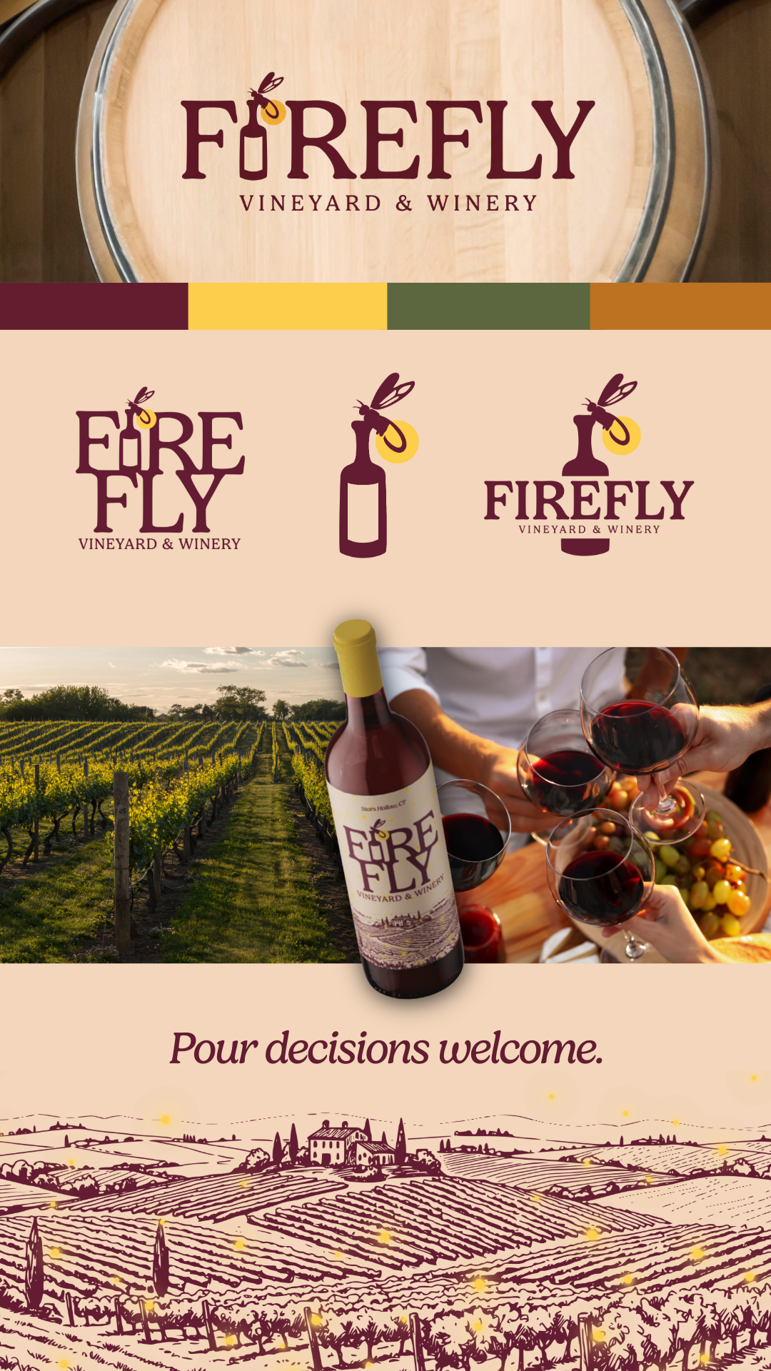 Winery branding mockup showing Firefly vineyard logo, wine bottles and scenic vineyard views.