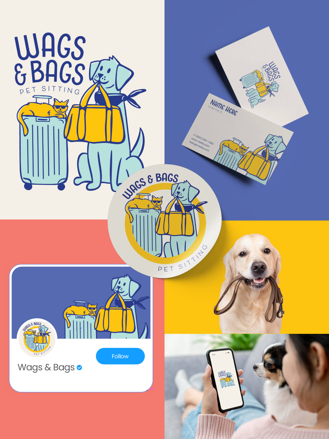 Collage of blue and yellow branding materials featuring playful dog illustrations and logos for a pet-related business.