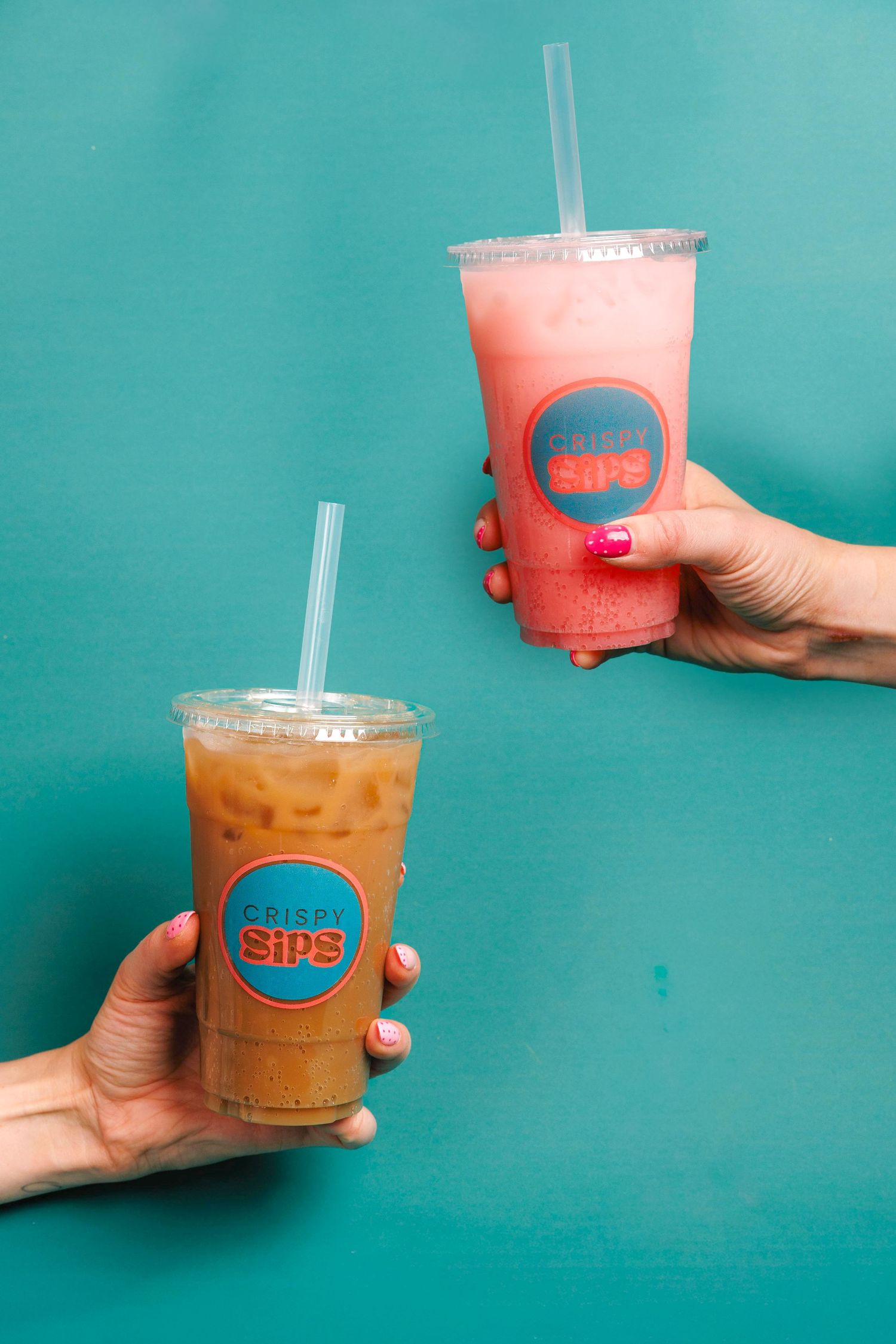 A sequence of hands holding colorful smoothie drinks in plastic cups against a turquoise background.