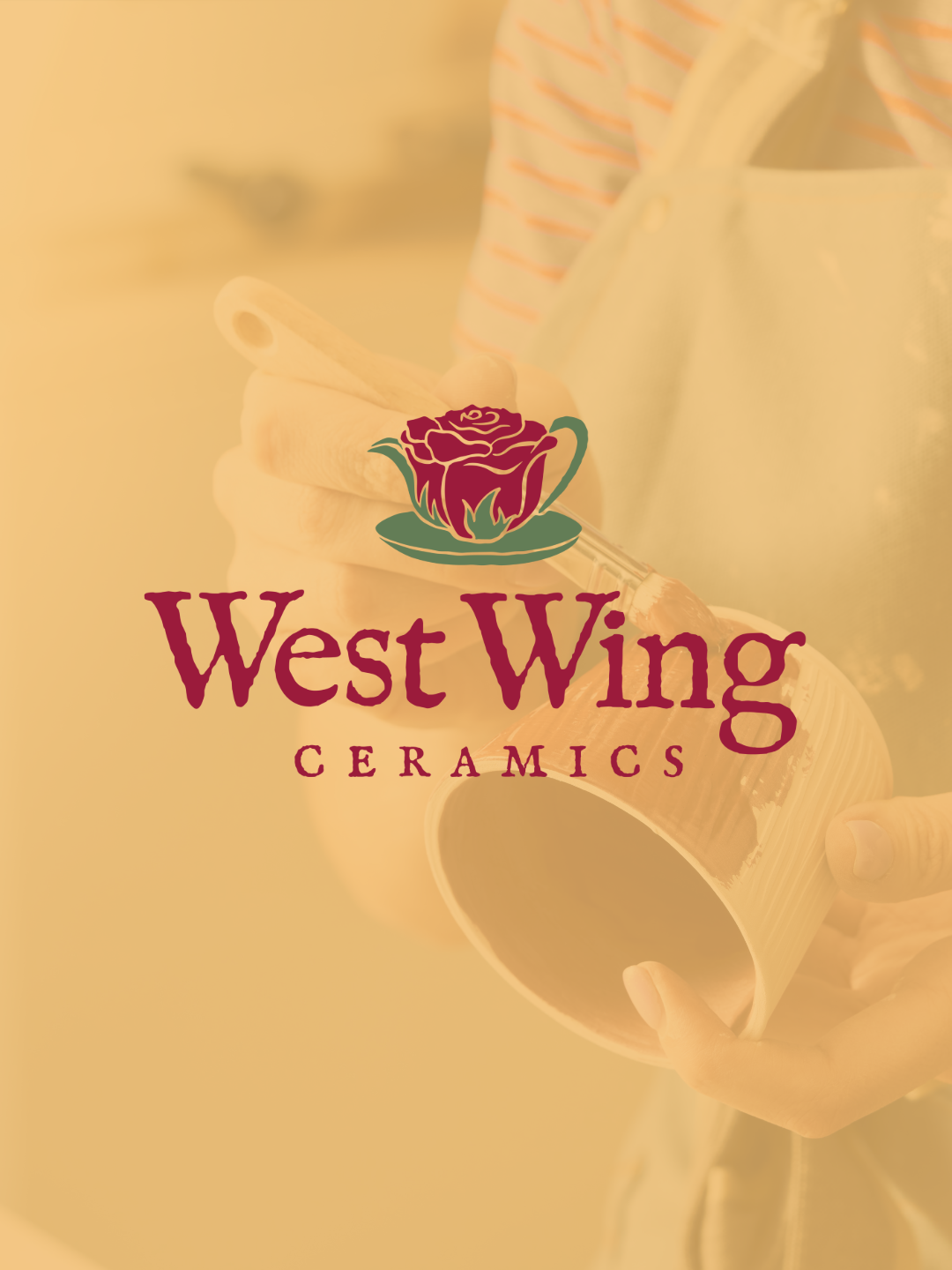 West Wing Ceramics logo featuring a rose teacup design in burgundy tones.
