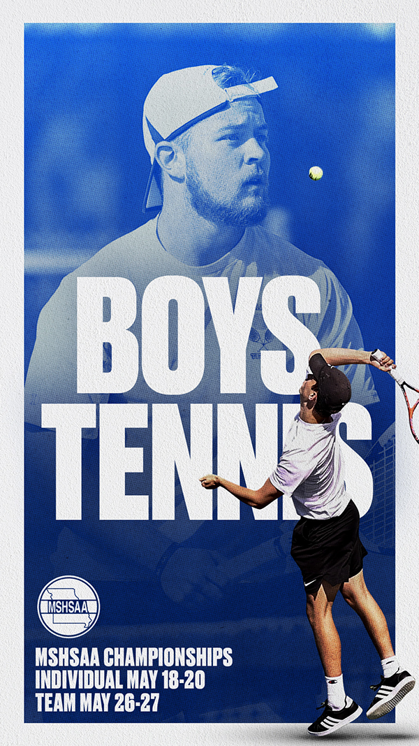 Tennis championship promotional banner with blue-tinted action shots of players serving.