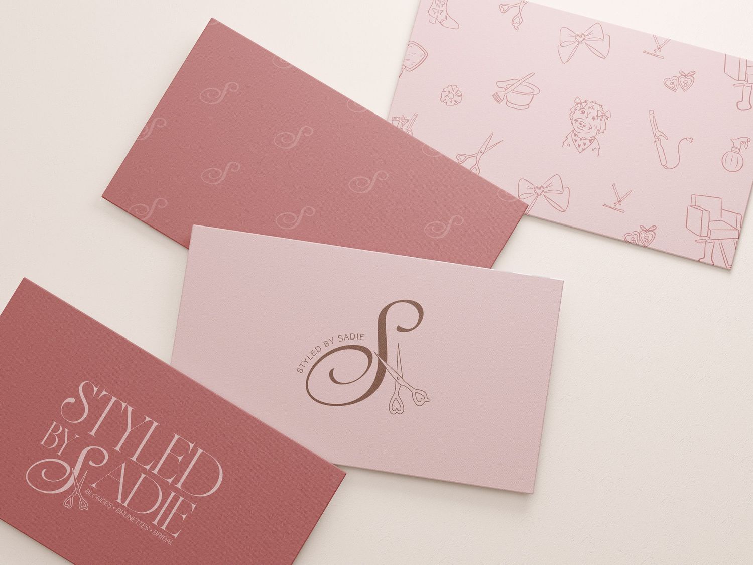 Three elegant pink business cards for Styled by Sadie, featuring rose gold typography and decorative patterns.