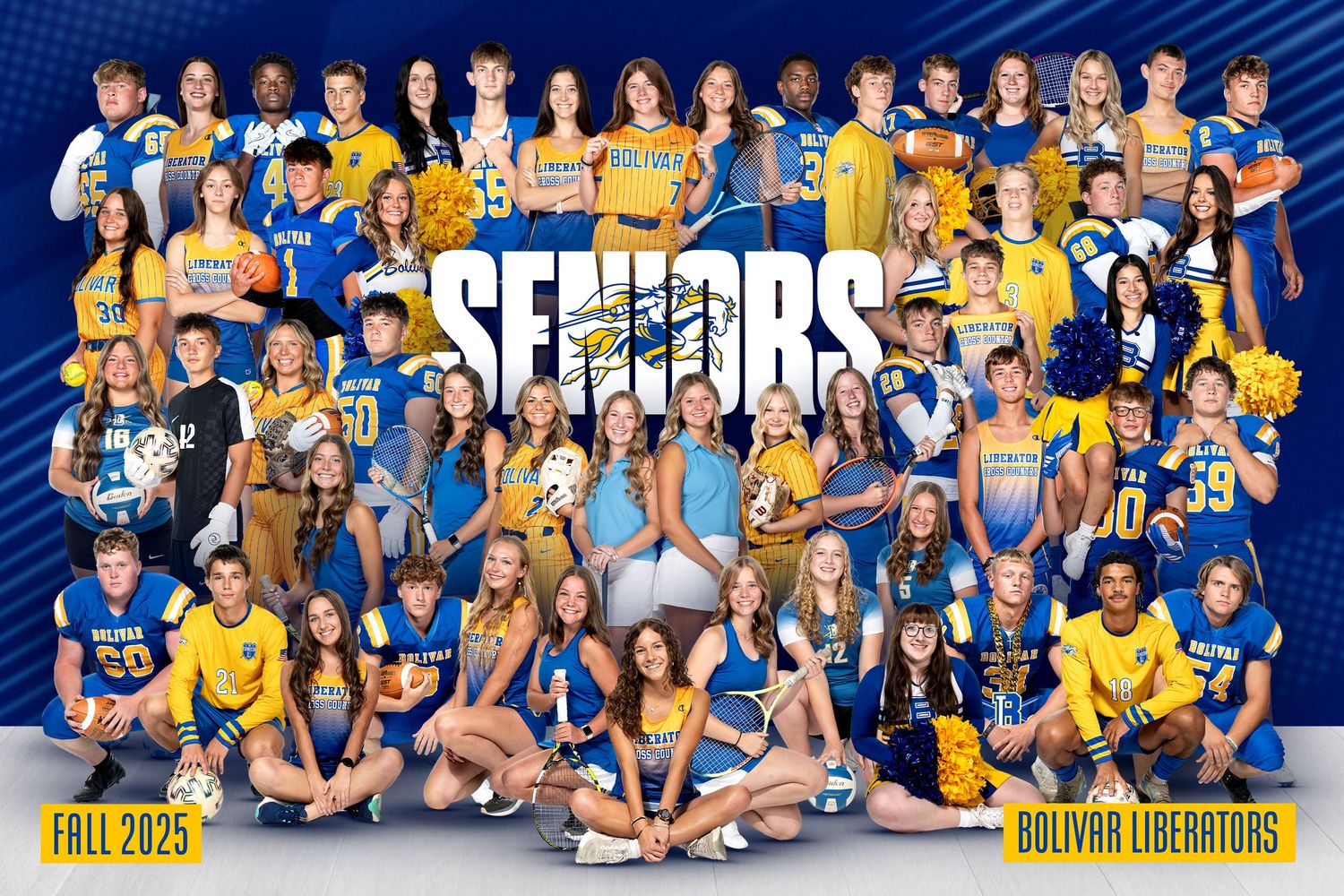 Large group photo of athletes in blue and gold uniforms posing together for team pictures.