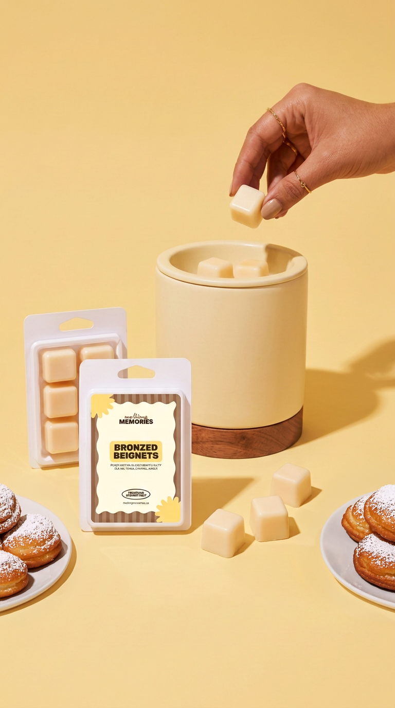 Hand placing wax melt cube into cream warmer beside Bronzed Beignets scented wax melts pack and powdered donuts on yellow background.