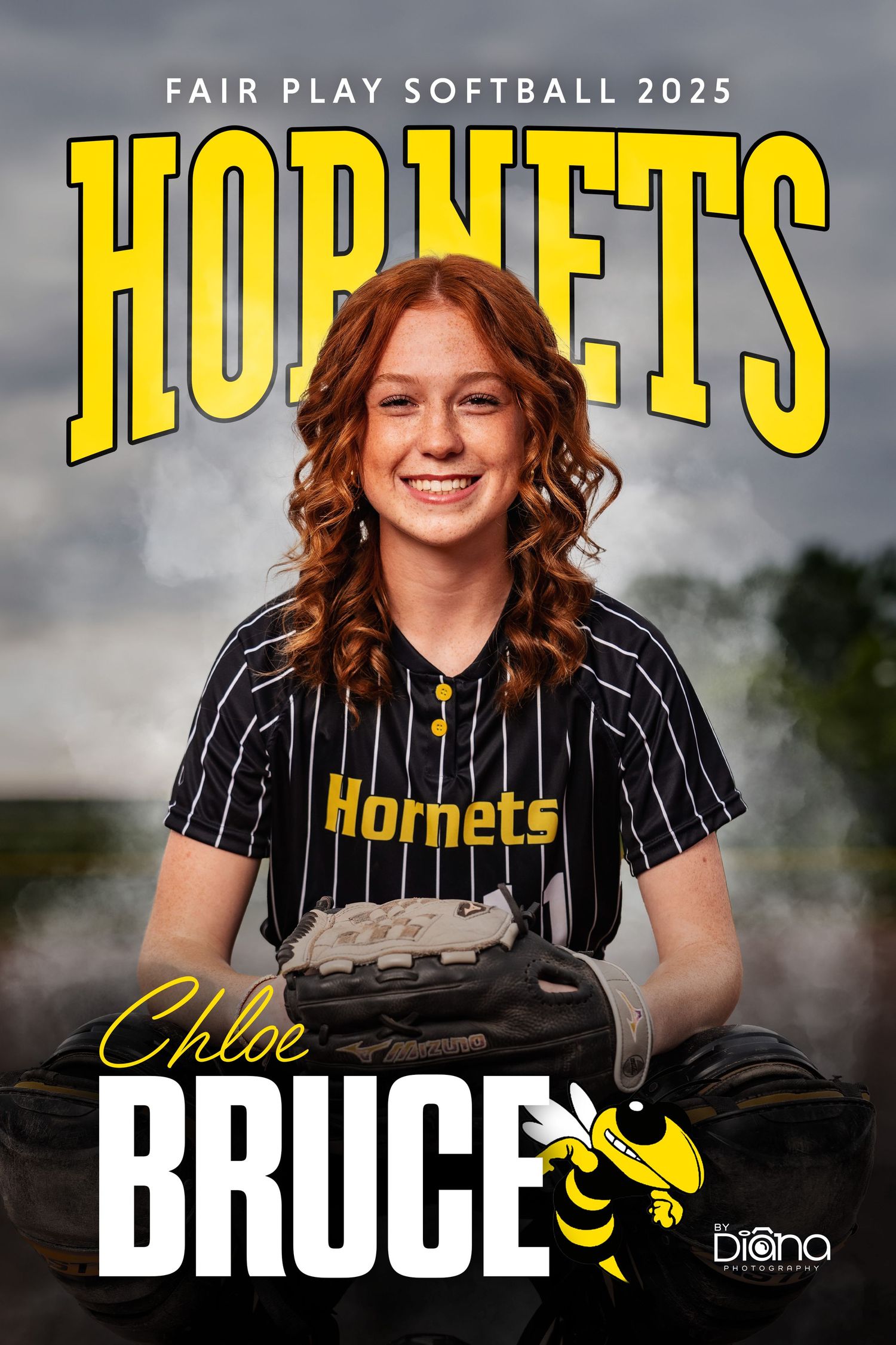 Softball team portraits featuring players in pinstripe uniforms with yellow hornet mascot branding.