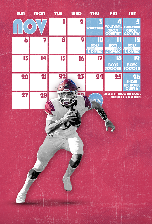 Calendar-style sports design featuring football player silhouettes on red background.