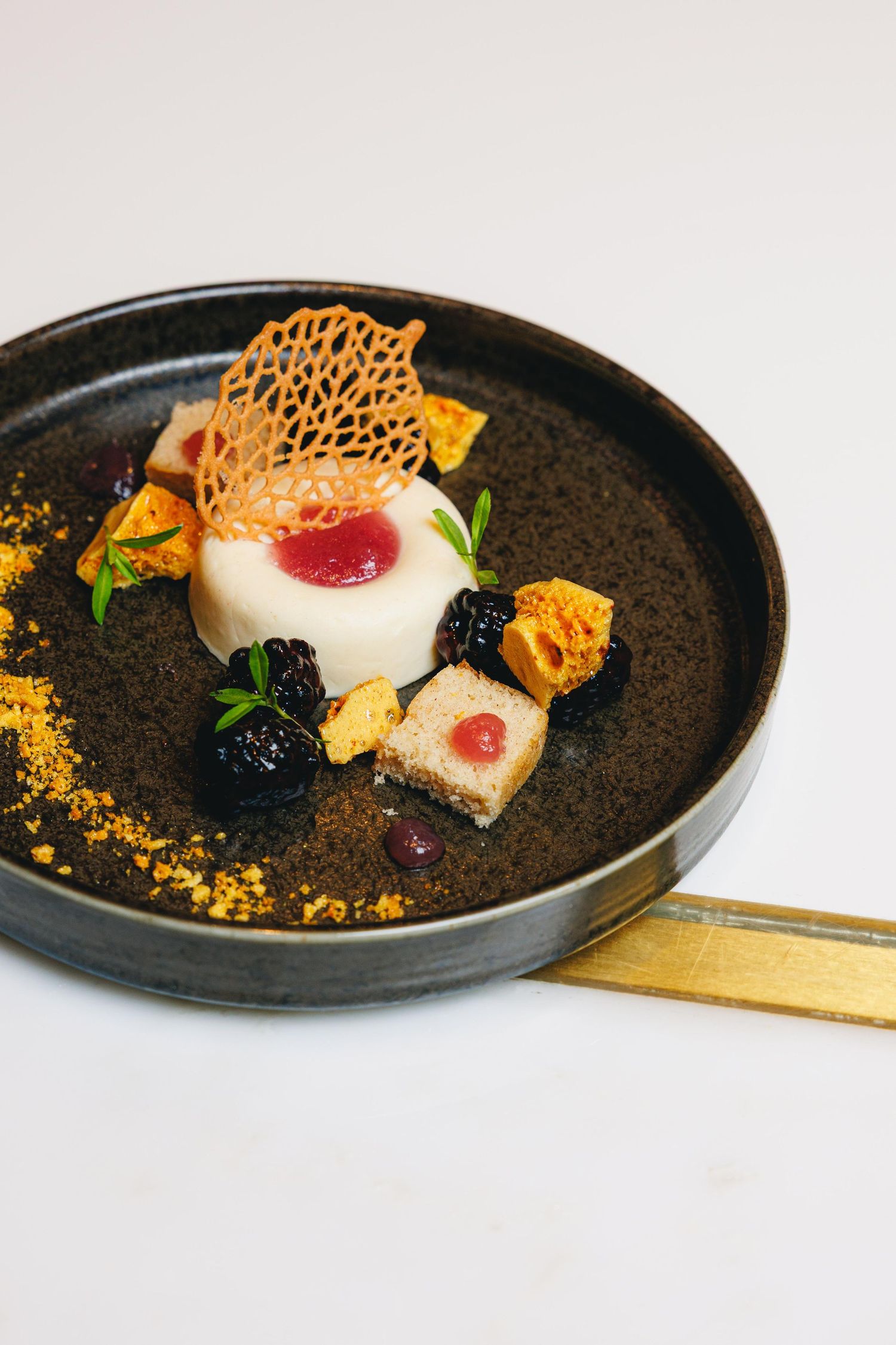 Elegant plated dish with white meat, garnished with microgreens and orange crispy elements on a dark ceramic plate.