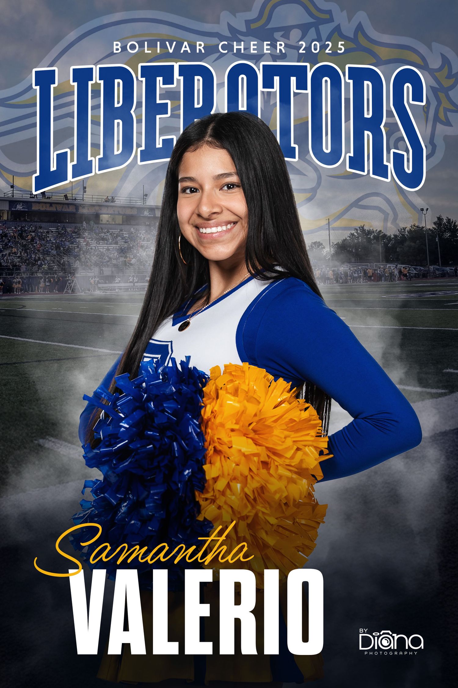 Cheerleader portraits featuring blue and gold uniforms against a dramatic dark background.