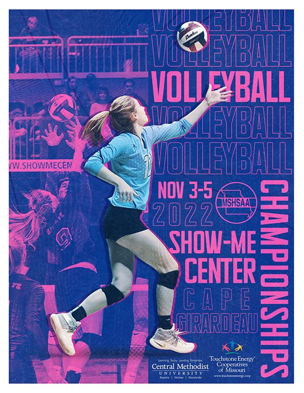 Volleyball tournament promotional graphics in pink and blue showing players in action.