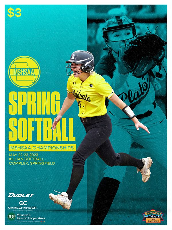 Softball tournament promotional graphics in teal and yellow featuring action shots of players.