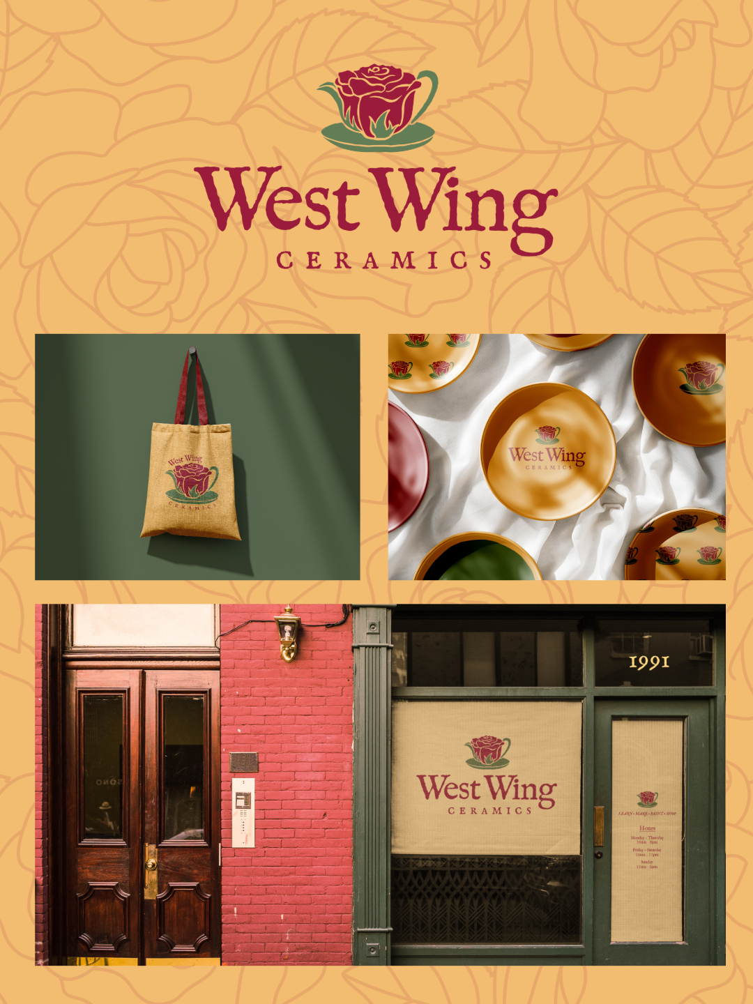 West Wing Ceramics brand identity showcase with storefront, products and rose logo designs.