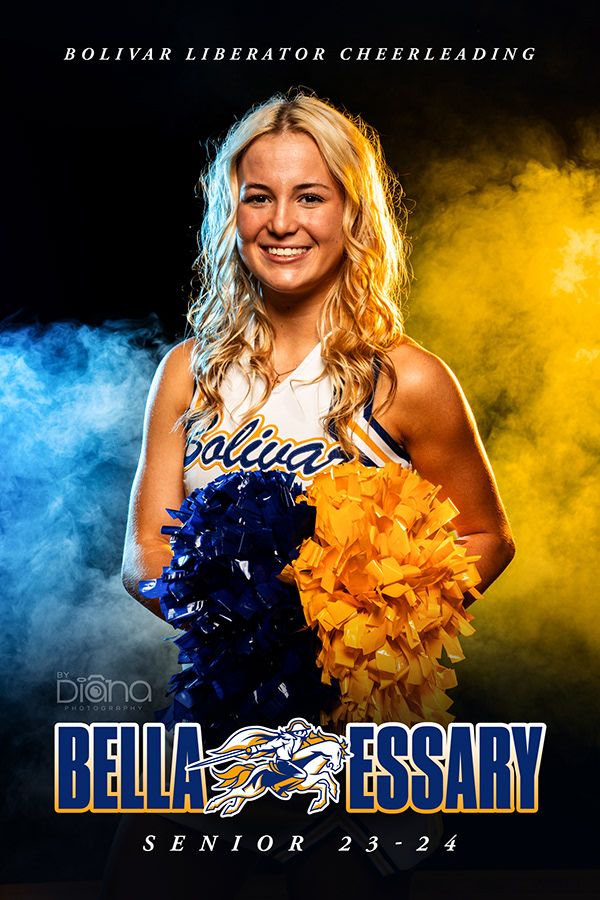 Cheerleader portraits with blue and gold smoke effects and team branding.