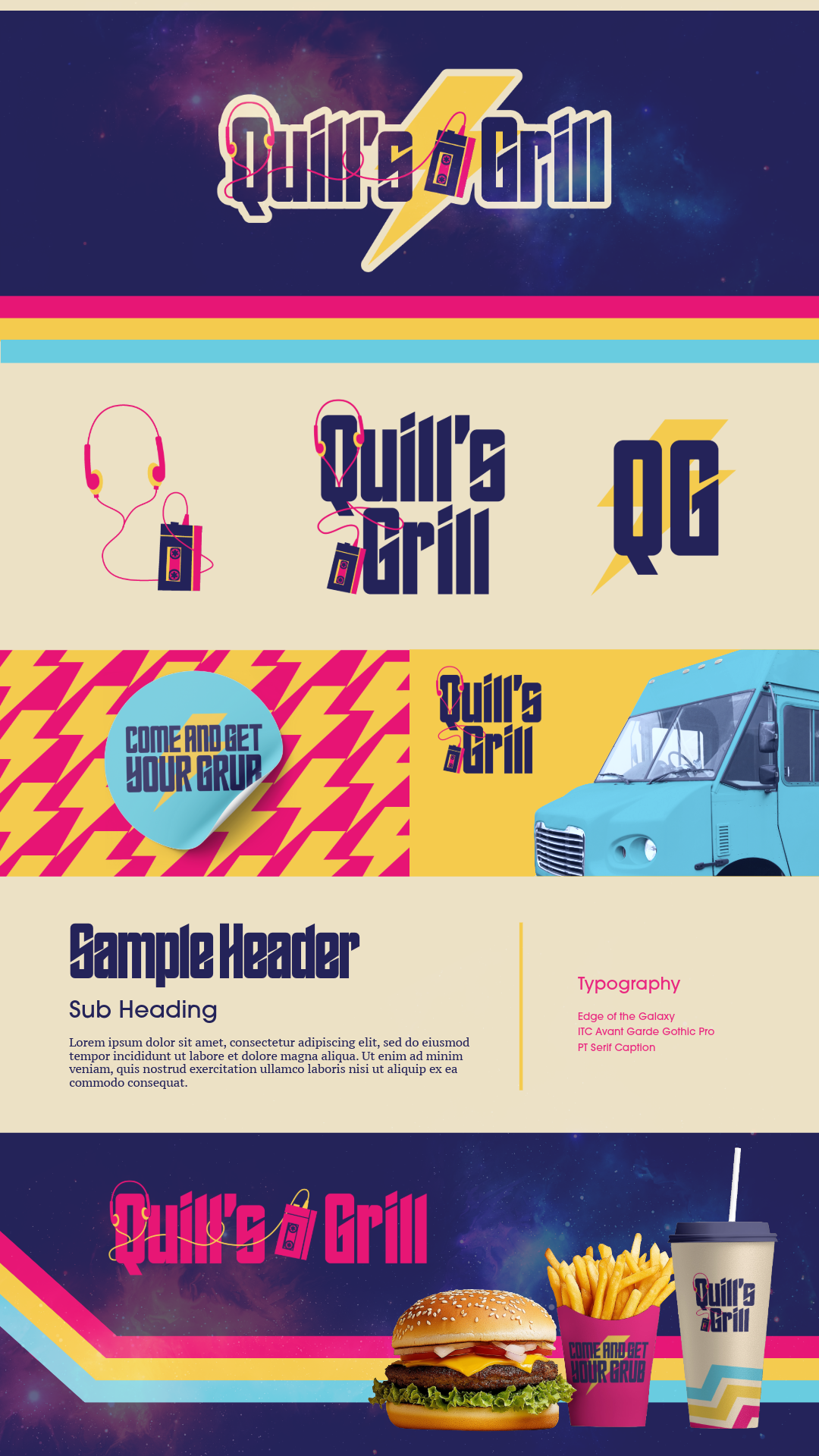 Vintage-inspired restaurant branding featuring bold typography and lightning bolt graphics.