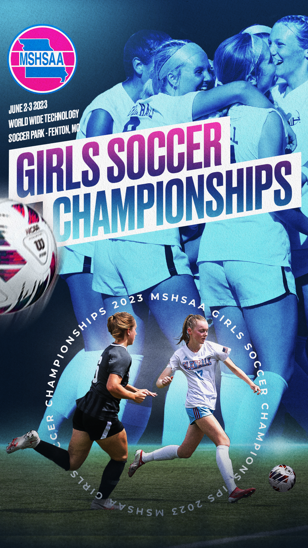 Girls soccer championship banner design featuring action shots of players competing for the ball.