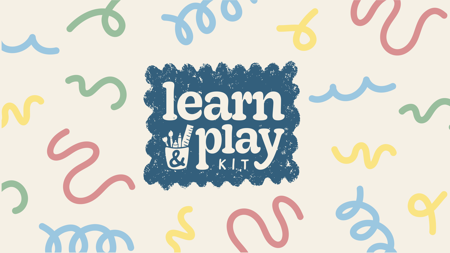 Colorful Learn & Play Kit logo on cream background with playful squiggly lines in red, blue, green, and yellow.