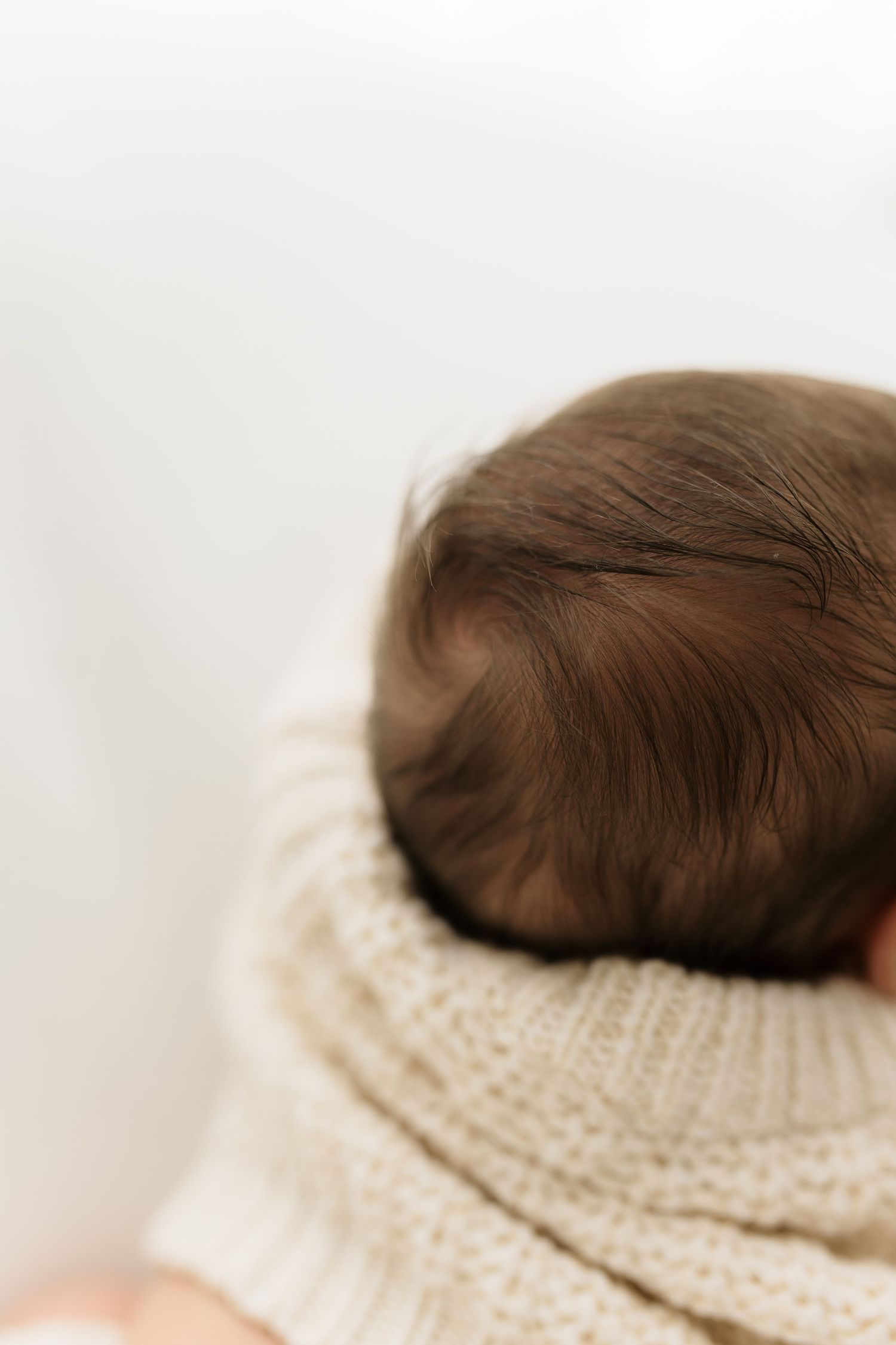 Close-up of a newborn baby's dark hair on the back of their head, wrapped in a soft cream knit blanket.