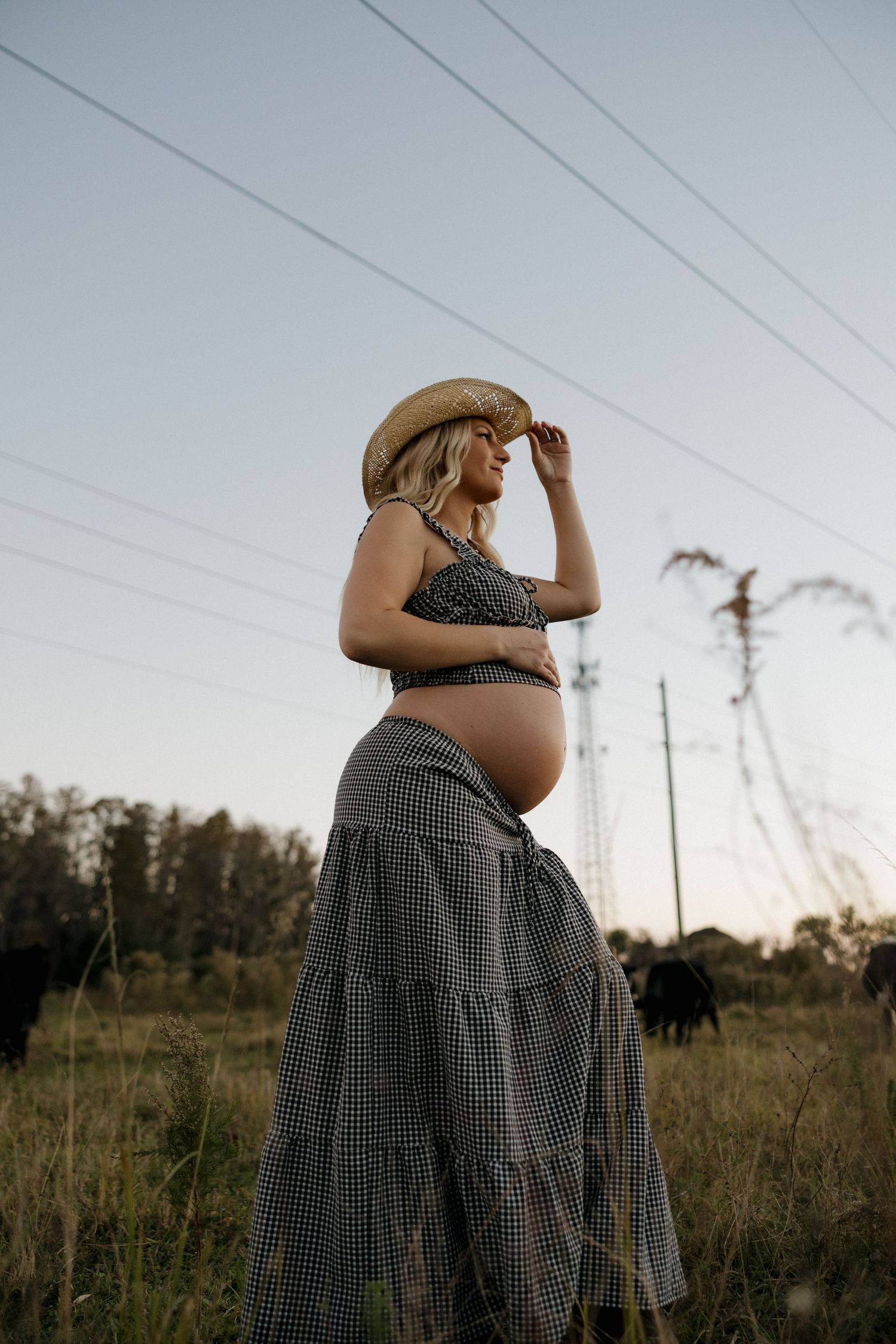 Person in a checkered dress and hat stands in a golden field at sunset with power lines in the background.