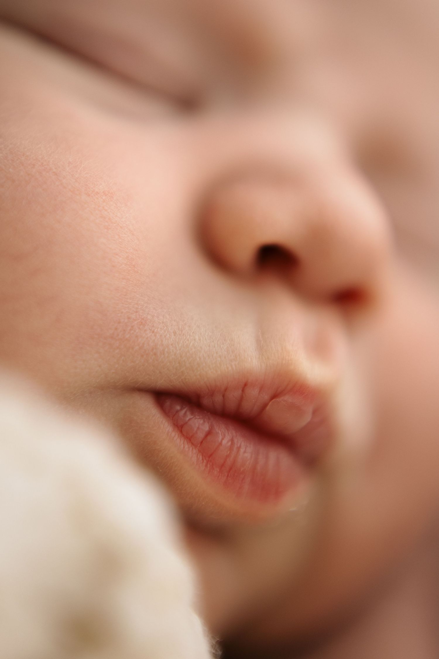 Close-up macro photograph of a sleeping newborn baby's nose and lips with soft focus background.