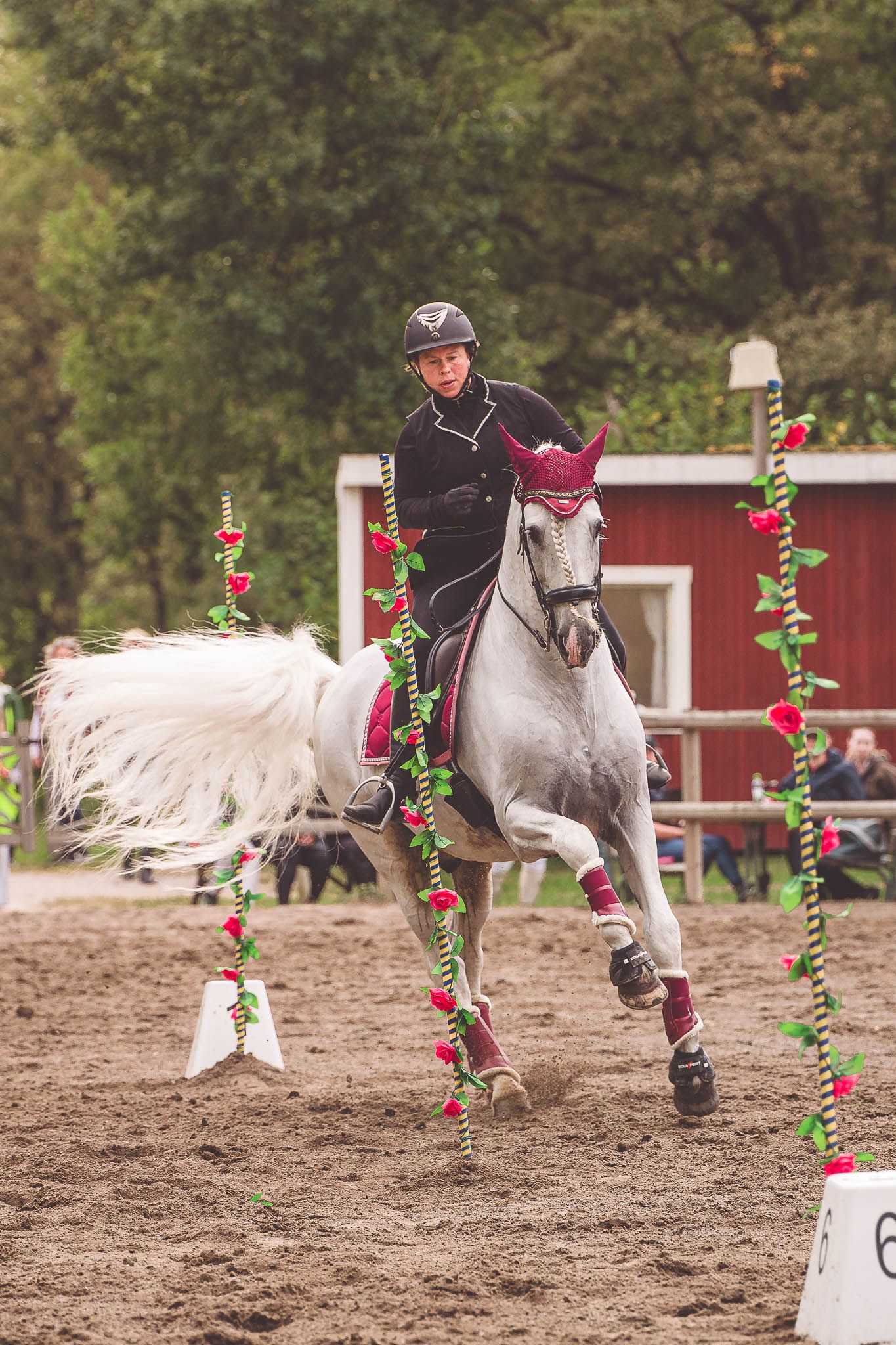 Gray horse and rider navigate between festive decorative poles in a sandy arena.