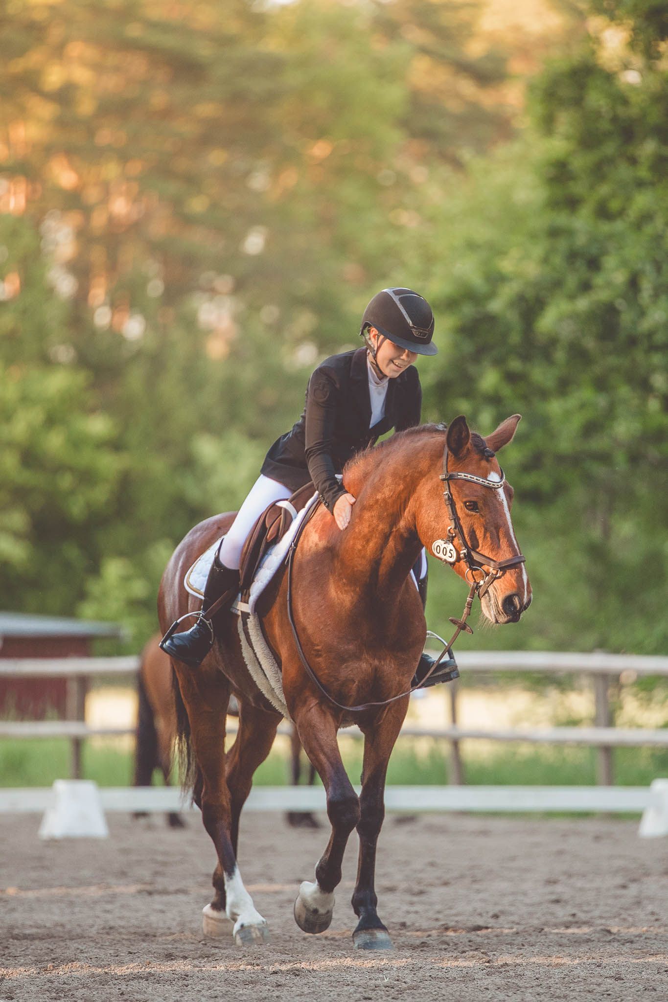Dressage riders perform in an outdoor arena during golden hour lighting.