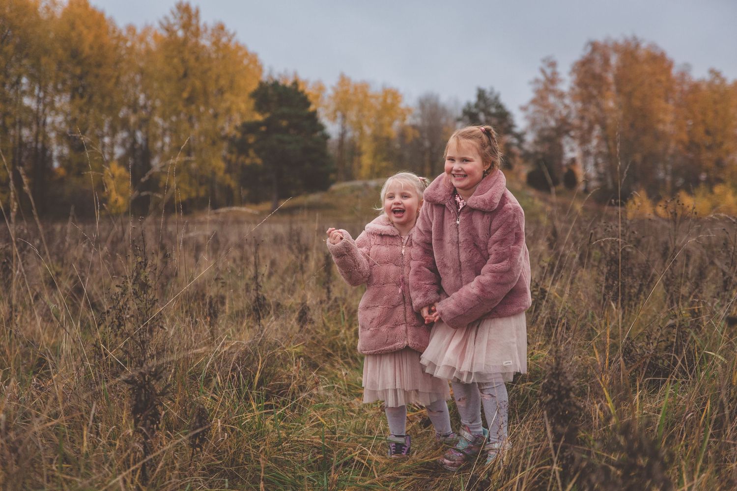 Children in pink coats and tulle skirts explore a grassy autumn field at sunset.