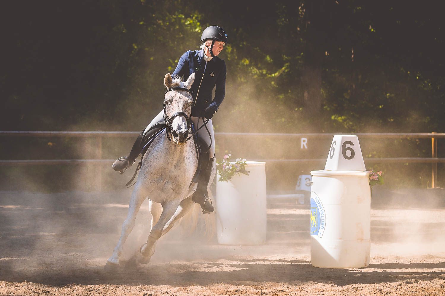 Dramatic sequence of horse and rider galloping through dusty arena at dusk.
