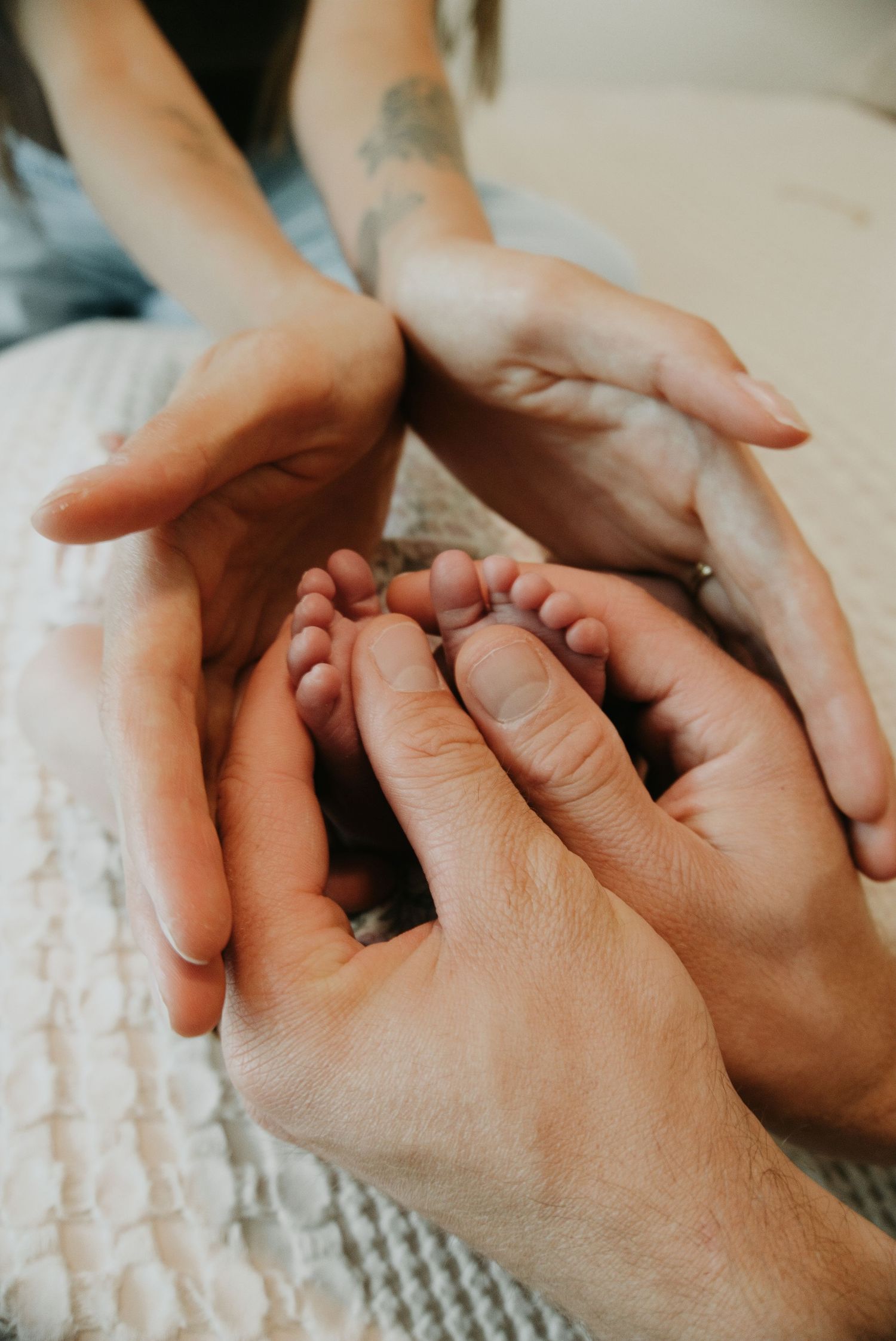 Two adult hands gently cradling tiny newborn baby feet on a soft white textured blanket.