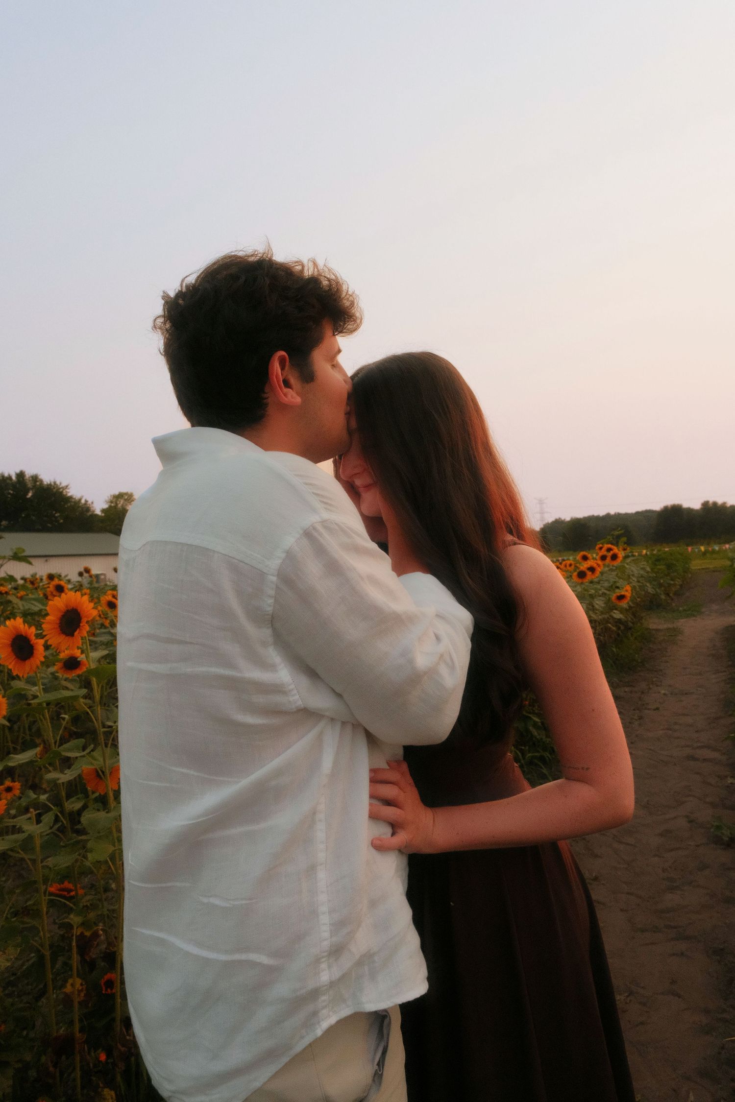 Couple embracing and laughing together in a sunflower field at sunset.