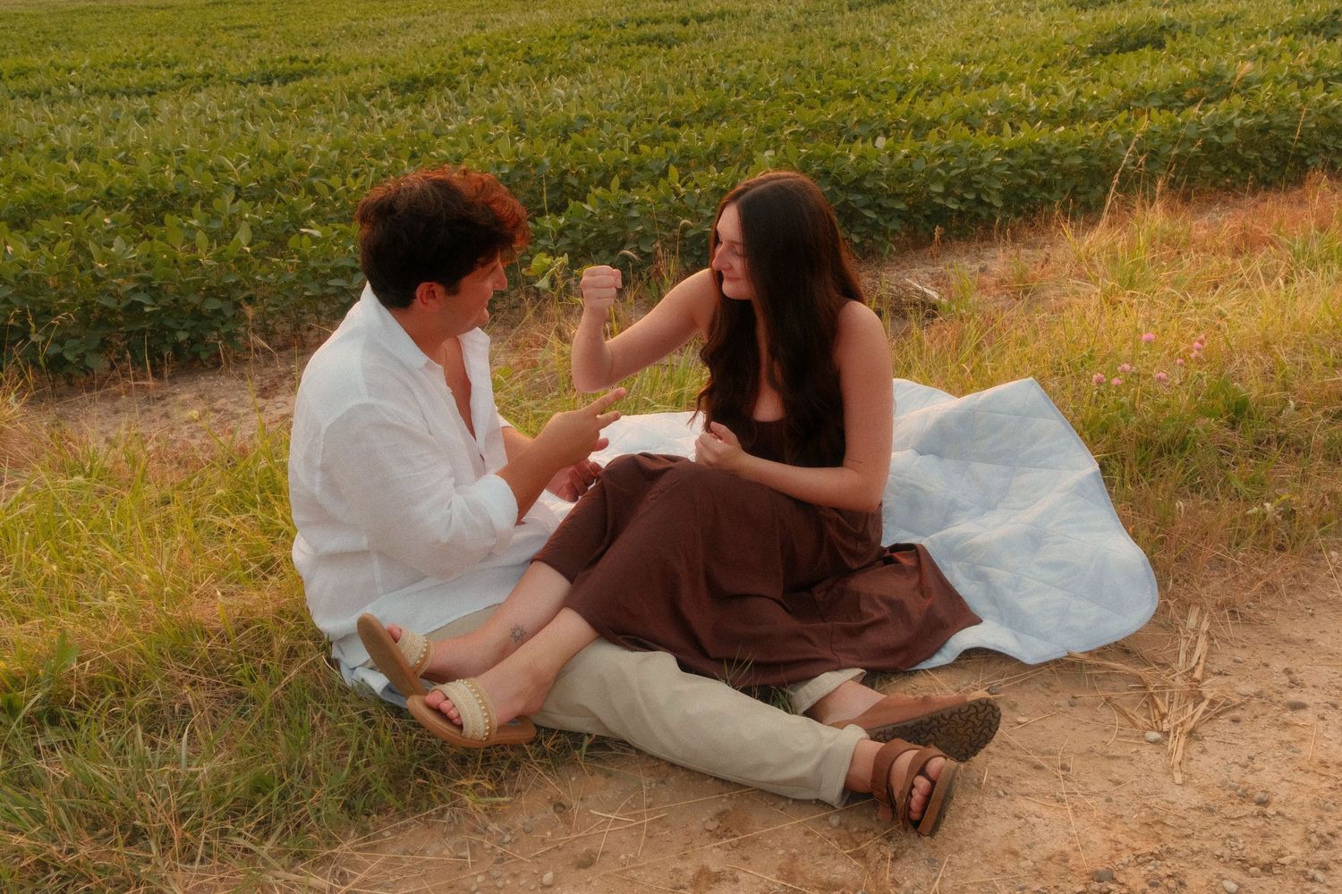 Couple enjoying a picnic sitting on a blanket in a sunny field, sharing drinks and laughter.