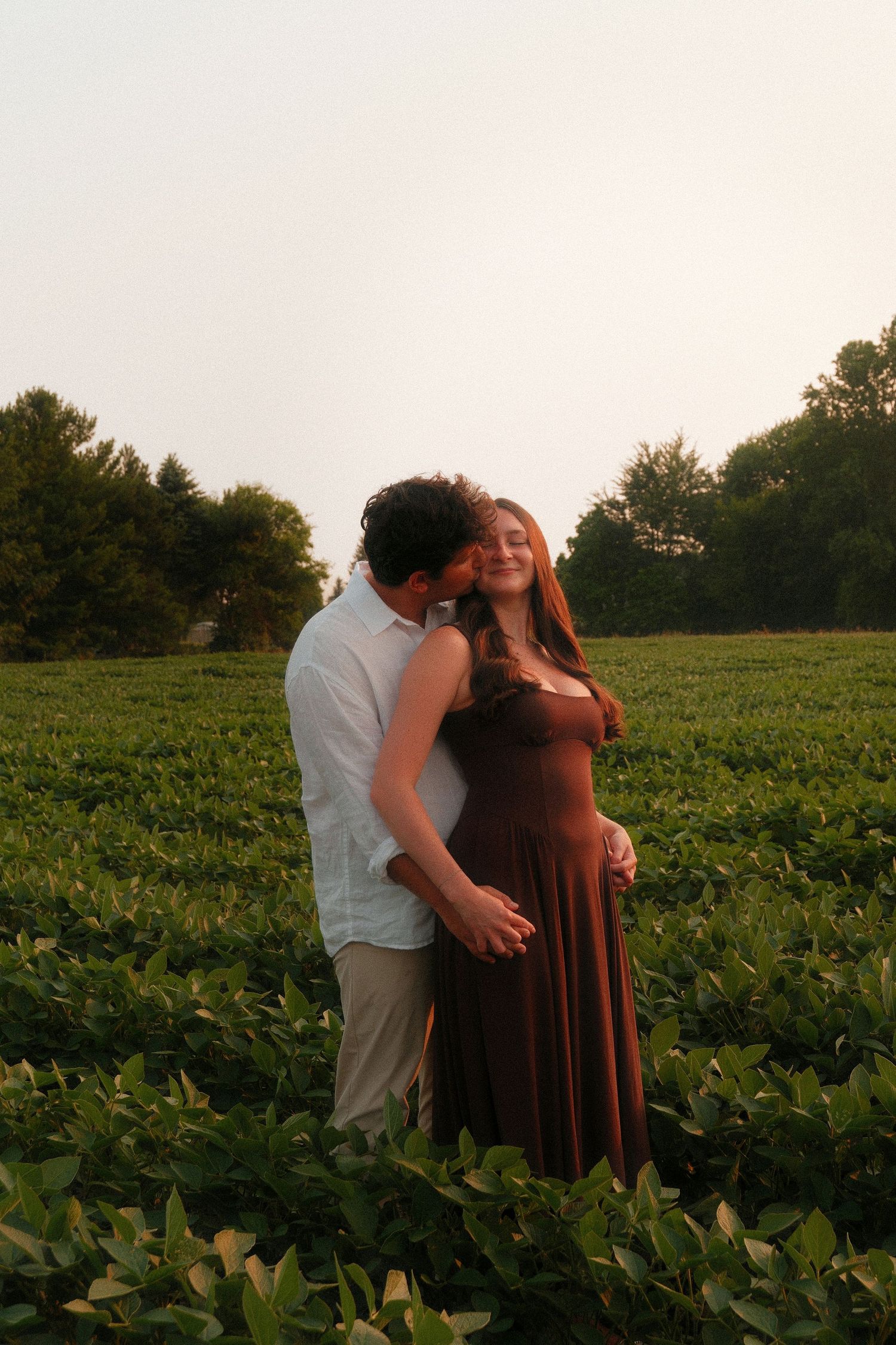 A couple shares a tender kiss in a lush green field at golden hour, the woman in a brown dress cradling her baby bump.