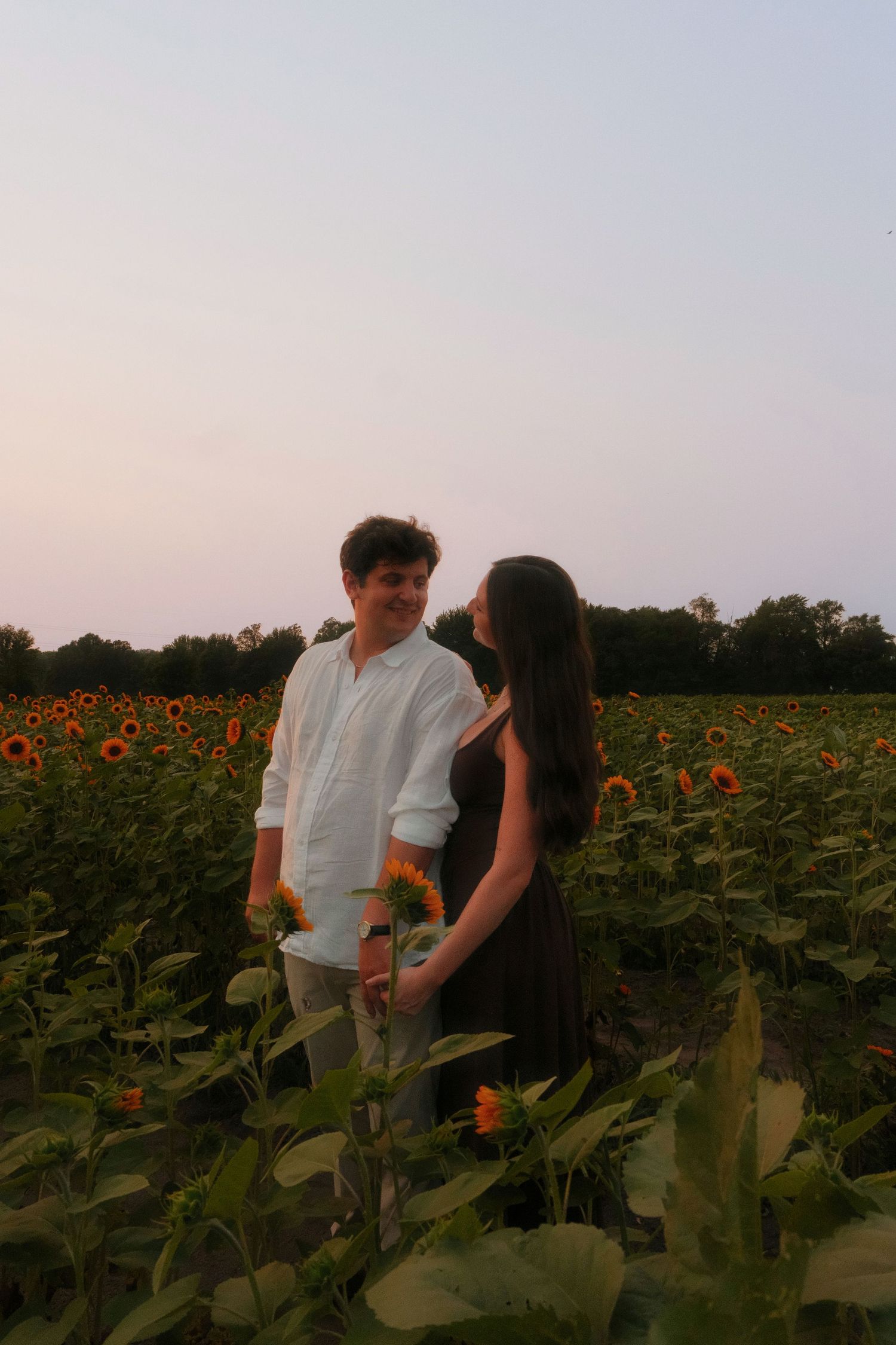 Couple standing together in a sunflower field at dusk, man in white shirt smiling at woman in brown dress.