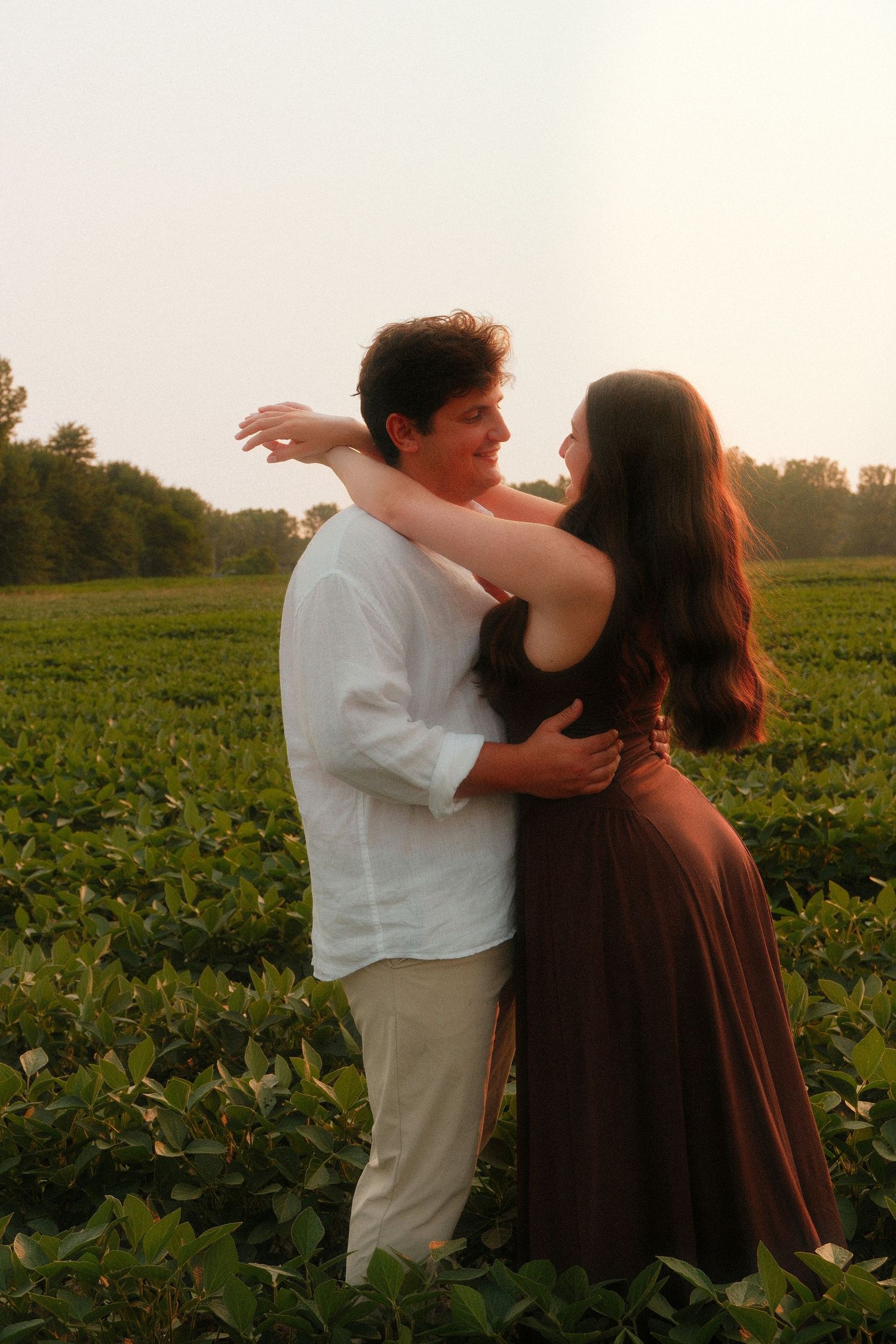 Romantic couple hugging closely in a green field during warm golden hour light.