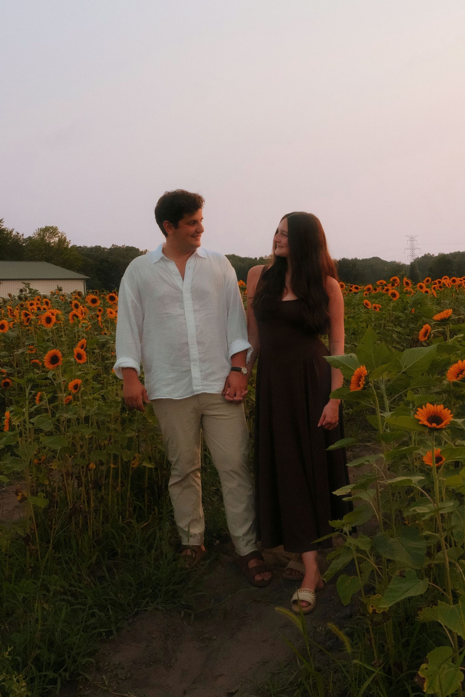 Couple holding hands and gazing at each other in a sunflower field at dusk.