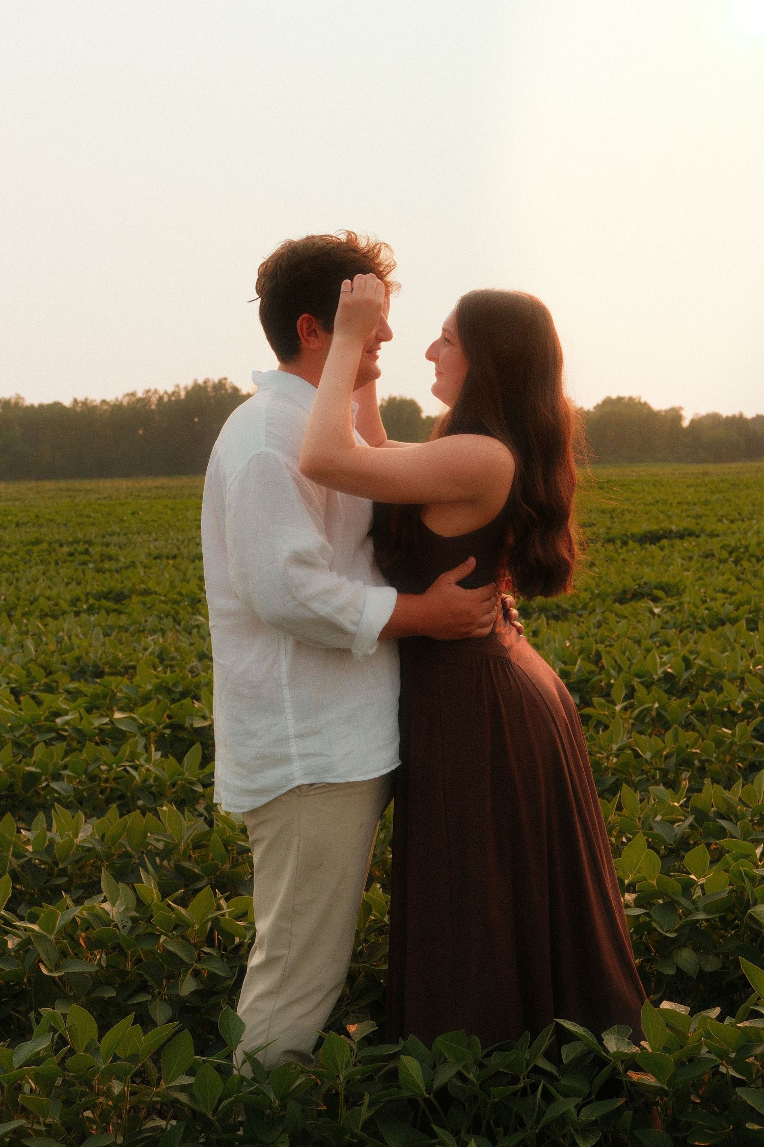 Couple embracing romantically in a lush green field at golden hour sunset.