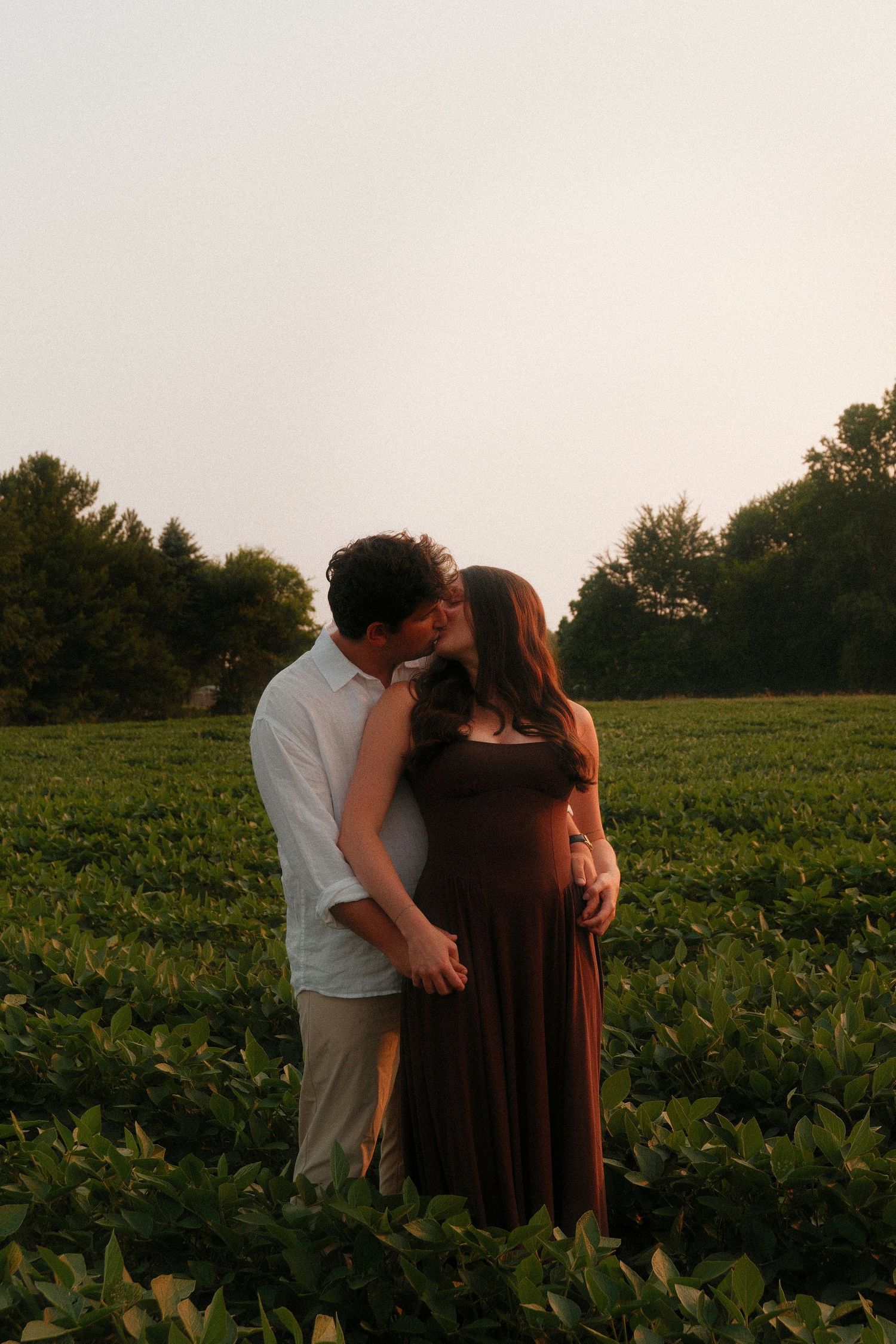 Couple sharing a kiss in a lush green field at sunset, woman in brown maternity dress, man in white shirt.