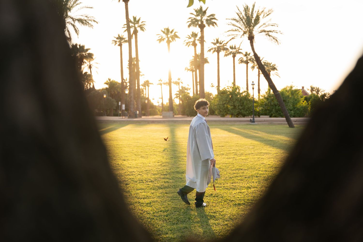 boy walking away towards the sun with palm trees in the background as he graduates highschool