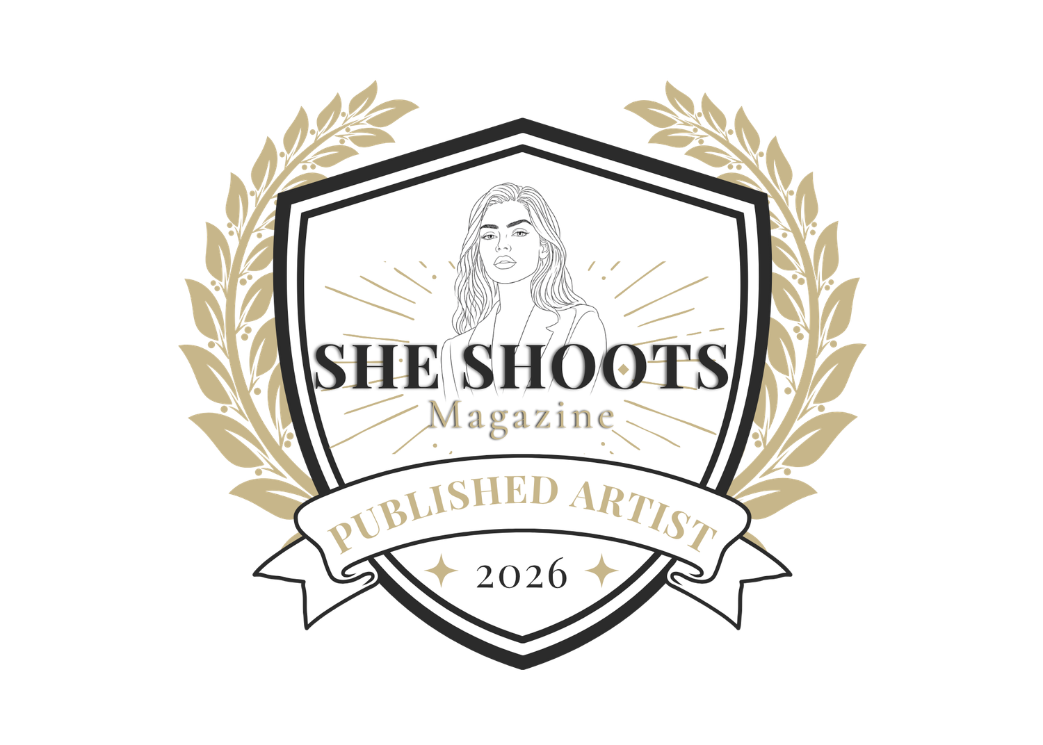 She Shoots Magazine Published Artist 2026 badge with laurel wreath and portrait illustration.