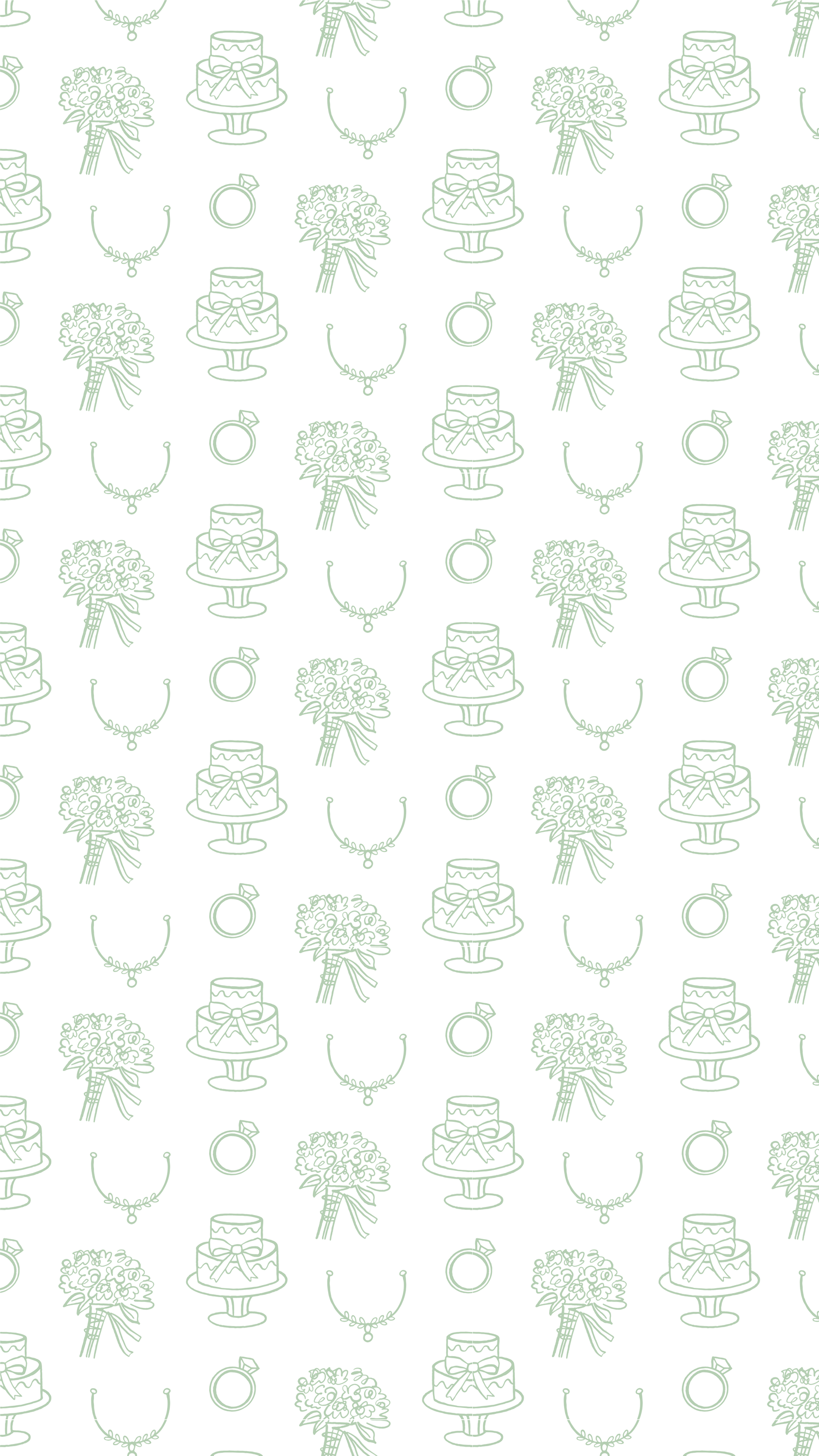 Seamless green and white pattern featuring wedding icons including cakes, bouquets, and rings.