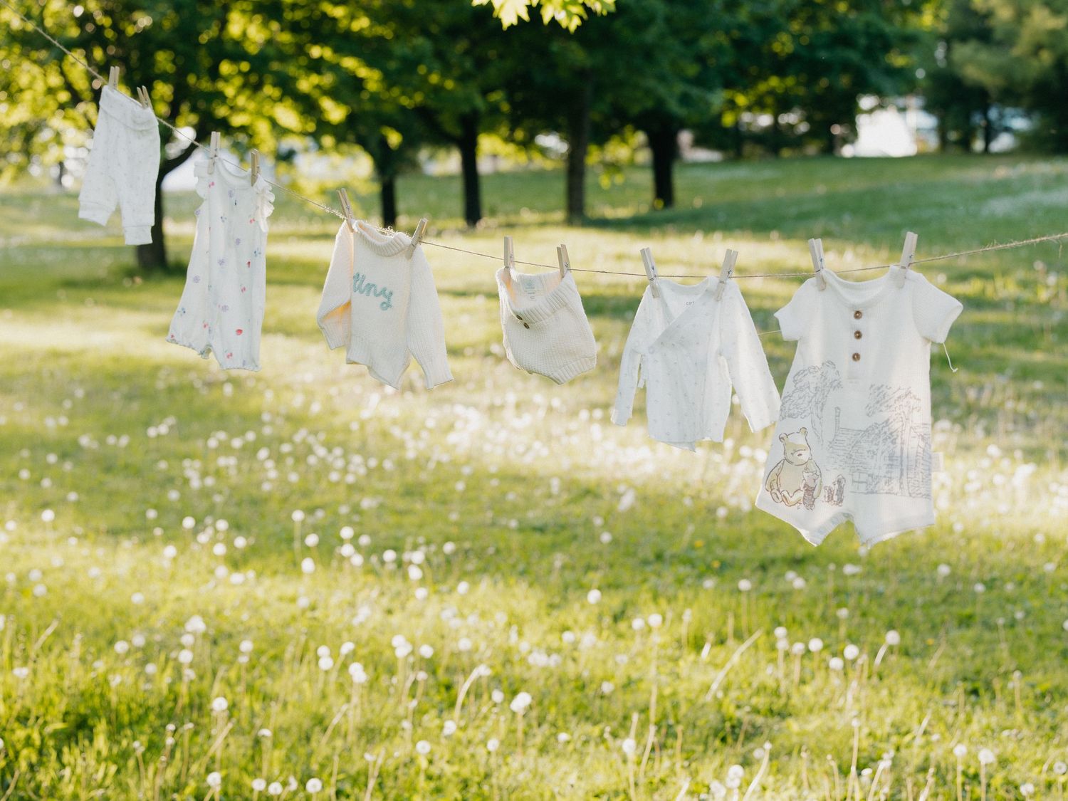 White baby clothes hang on a clothesline in a sunny green meadow filled with dandelions.